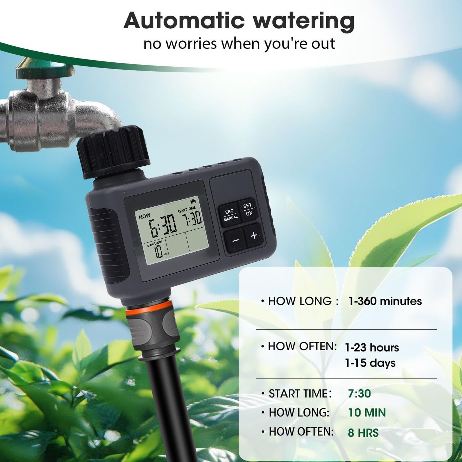 Programmatore Irrigazione Automatico per Giardino, Timer per Irrigazione LCD con Ritardo Pioggia, Impermeabile IPX5 per Rubinetto 3/4 Pollice, 0,5-8 Bar