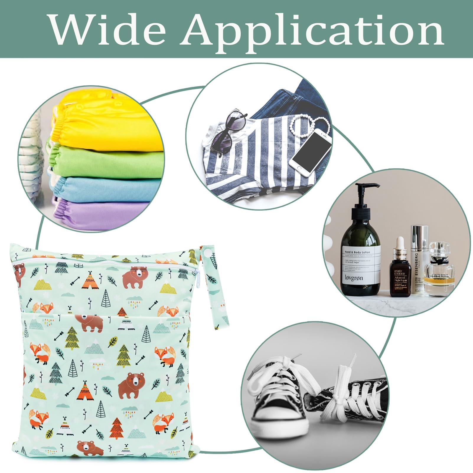 Bolsas Pañales Impermeables, 3 PCS Bolsa Muda Bebe, Wetbag Portátil para Mamá, Organizador de Colgar de Maquillaje Viaje Playa Piscina, Wet Bag de Tela Reutilizable Lavable (Oso Verde)