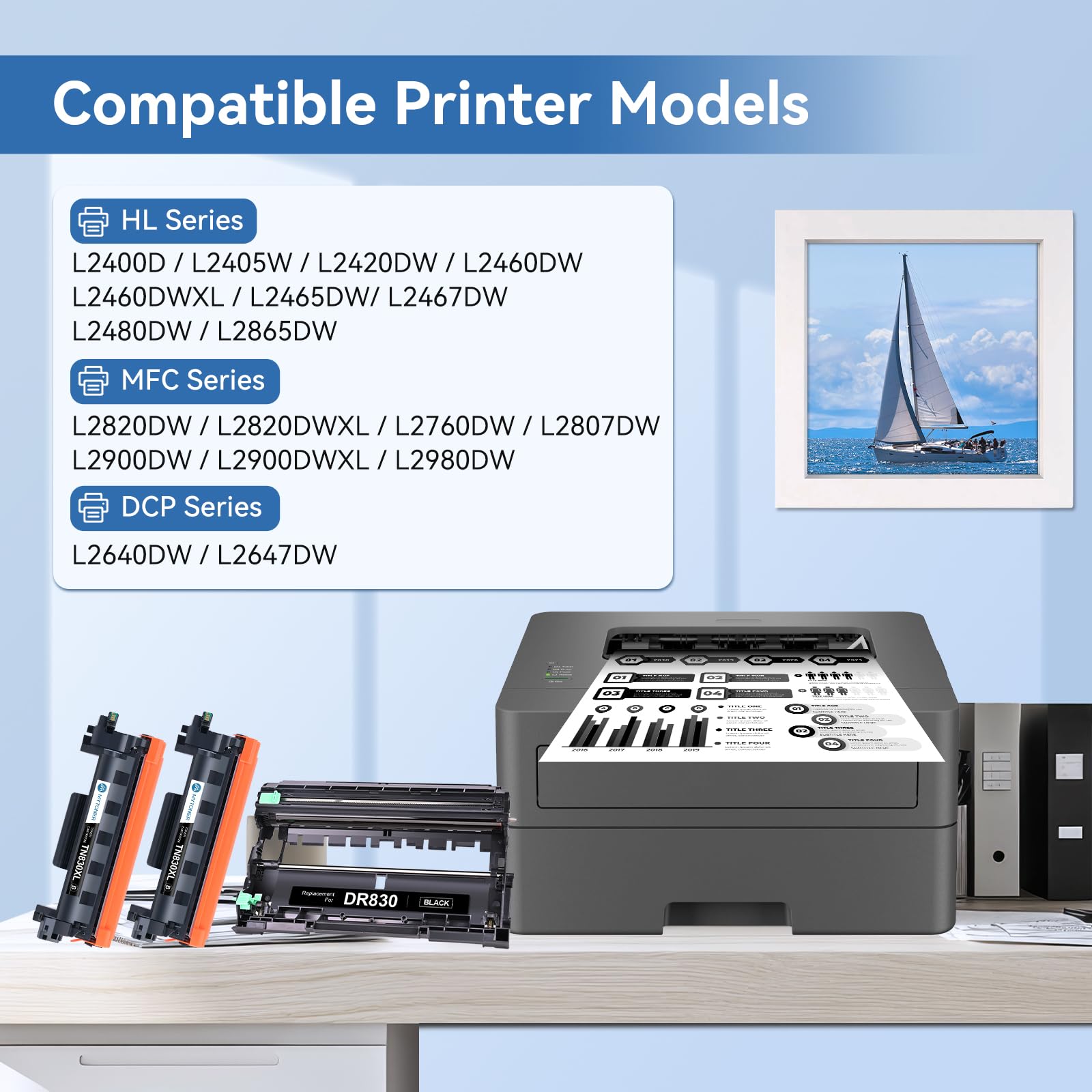 MYTONER Kompatybilny zamiennik kasety z tonerem i bębna do Brother TN830XL TN830 XL/V/R TN-830 DR830 DR-830 bęben do DCP-L2640DW HL-L2460DW MFC-L2820DW XL HL-L2405W L2400D drukarka 2 toner 1 bęben