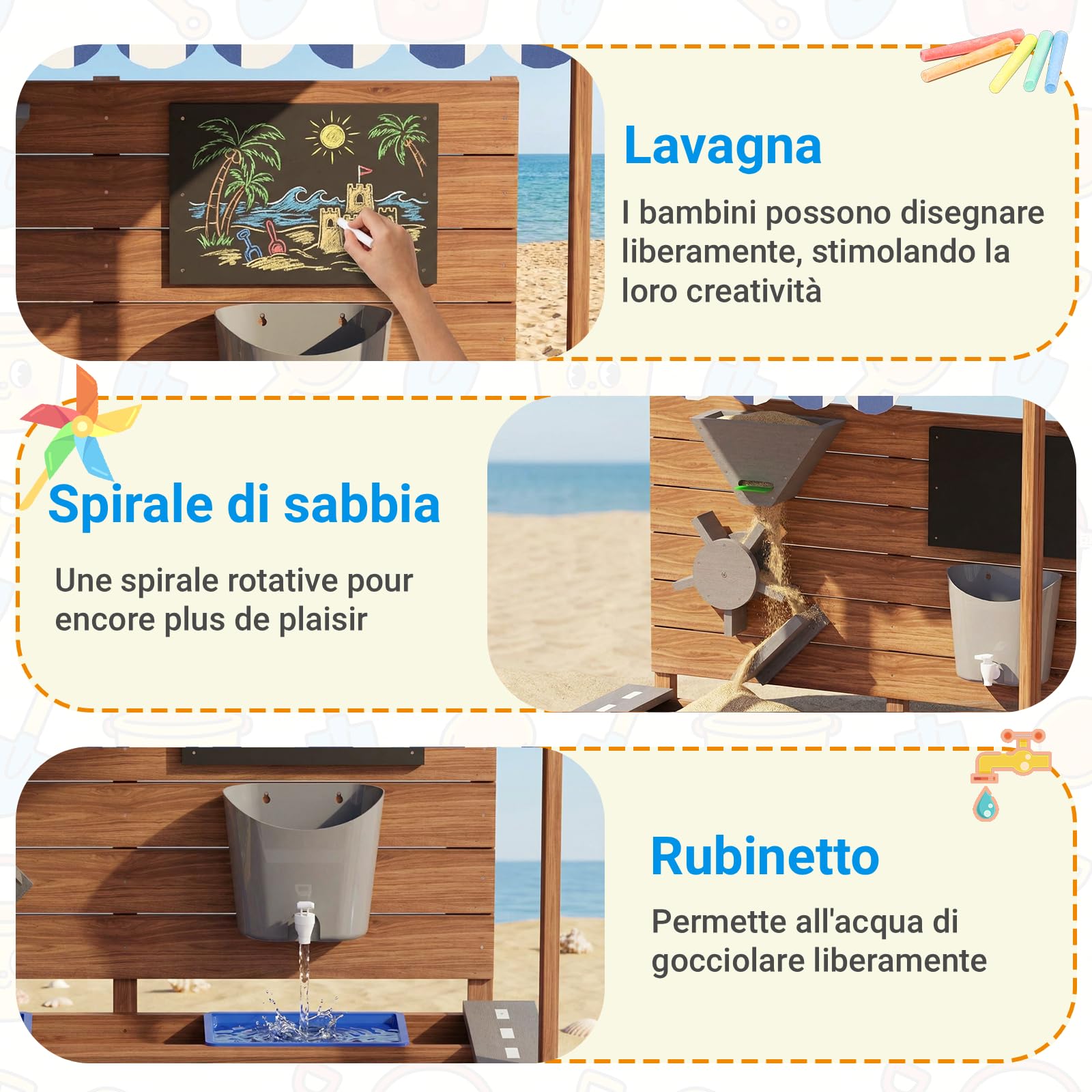 MAMIZO Sabbiere in Legno per Bambini 3-10 anni, Sandbox da Esterno Tetto Regolabile, Recinto di Sabbia con Lavagna, Rubinetto, 2 Bacinella, Playhouse per Giardini, Spiagge, Balconi, 100x111x105 CM