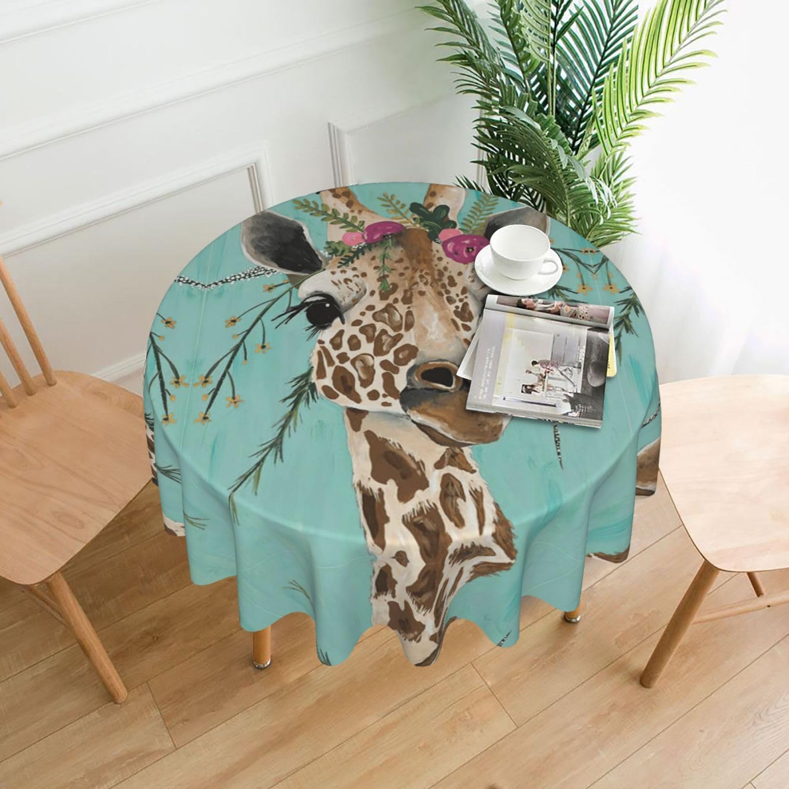 Zcmkjlg Giraffe with Floral Print Quick Ship Round Tablecloth 60in Polyester Washable Cover for Dining Room