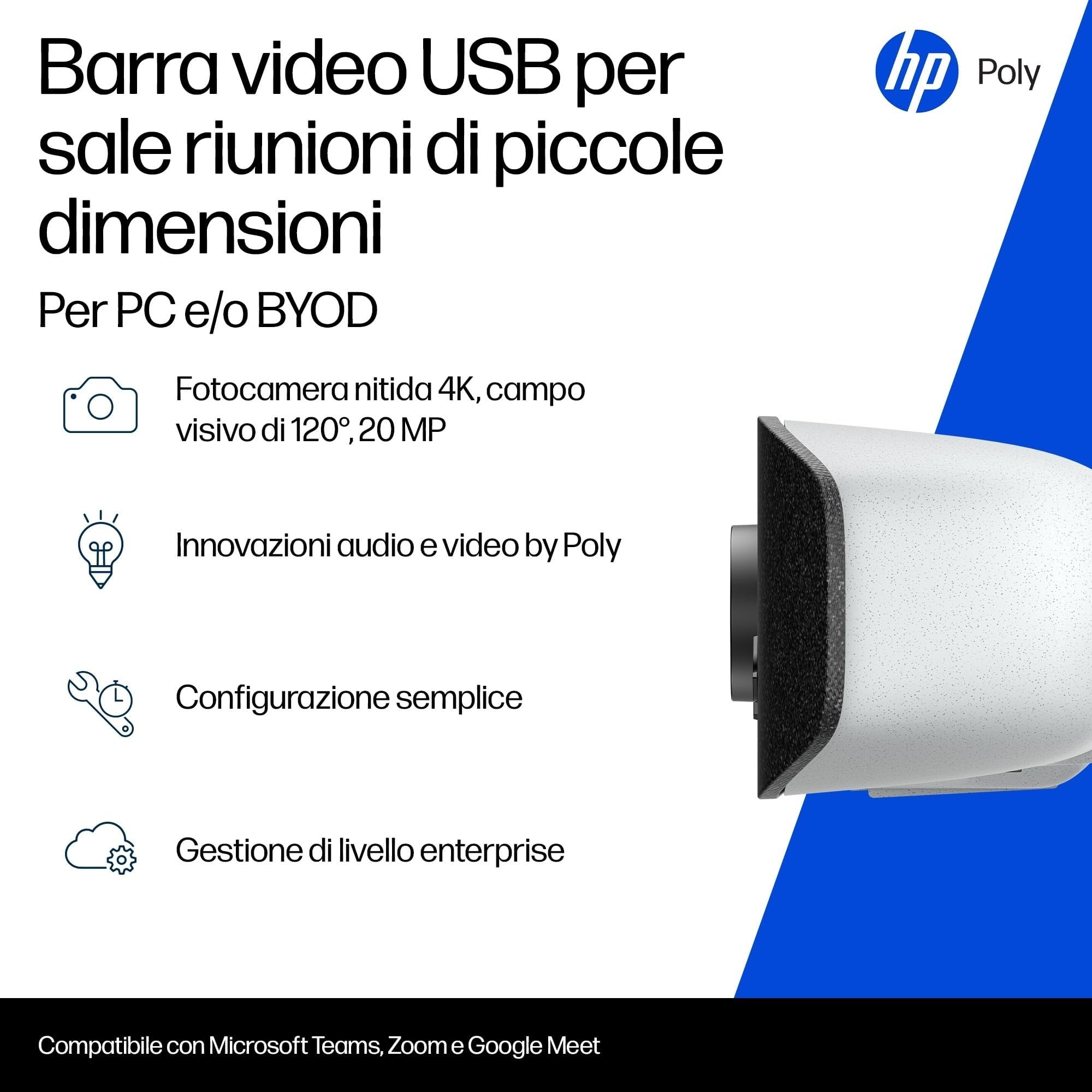 Poly Studio V12, Barra Video USB per Videoconferenze, Fotocamera 4K UltraHD da 20 MP con campo visivo di 120°, HP Poly Lens, Certificata per Zoom, Microsoft Teams, Chromebook, Nero
