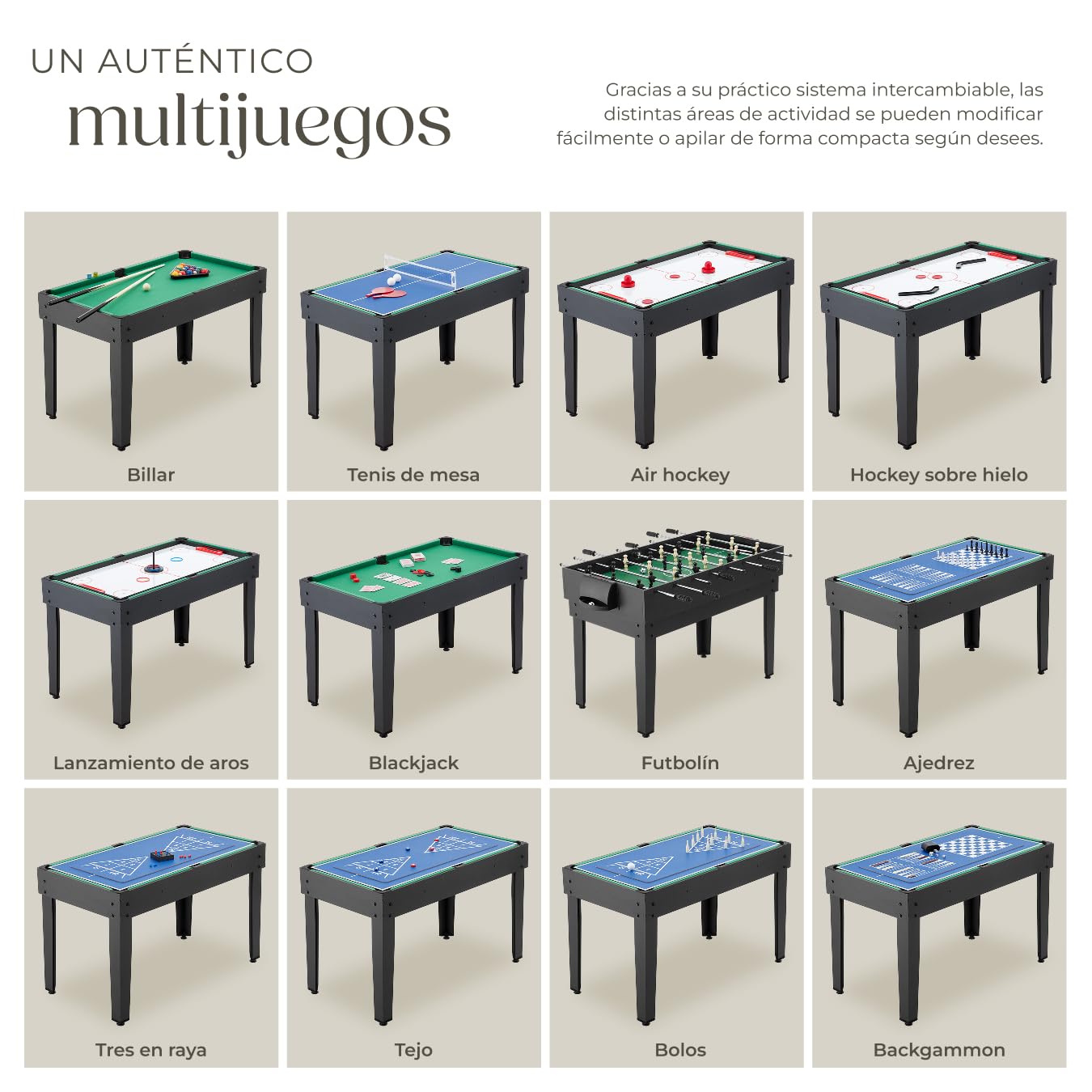 tectake® Mesa Multijuegos 15 en 1, Juego de Mesa Multifuncional Modular, Futbolines para Niños, Juegos Reunidos, Billar para Niños, Black Jack, Ajedrez, Ping Pong y Más - 123 x 125 x 83 cm