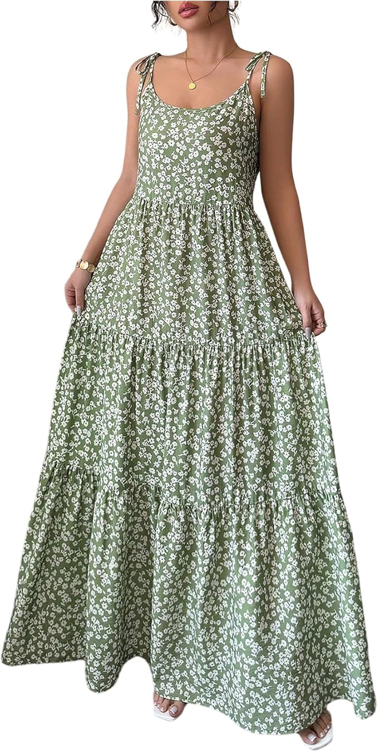 Floerns Women's Summer Maxi Dress Floral Tie Shoulder Tiered Flowy Beach Vacation Clothes