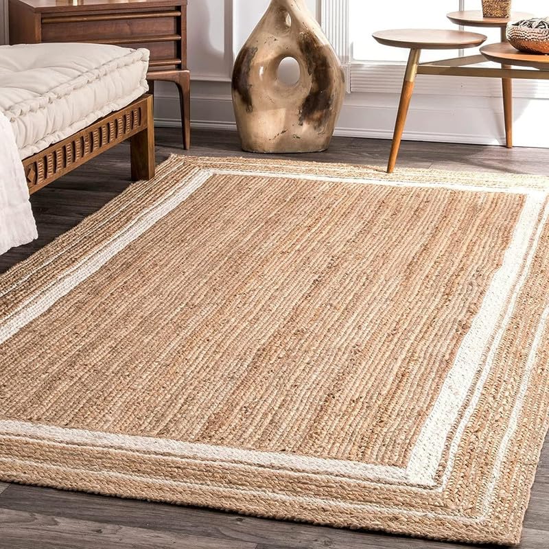 Tapis en jute naturelle 80x490cm tressé main avec bordure blanche style ferme