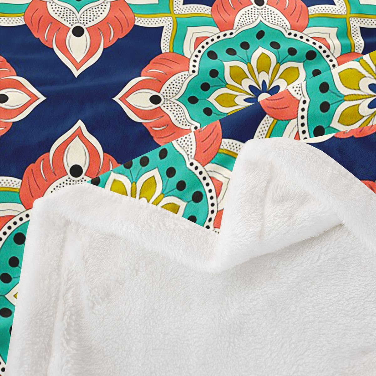 Homewish turkusowy boho kwiatowy puszysty pluszowy narzuta vintage mandala kwiaty polarowy koc hipisowskie kwiaty geometryczny patchwork szerpa koc - bohema plemienna etniczna estetyczna dekoracja