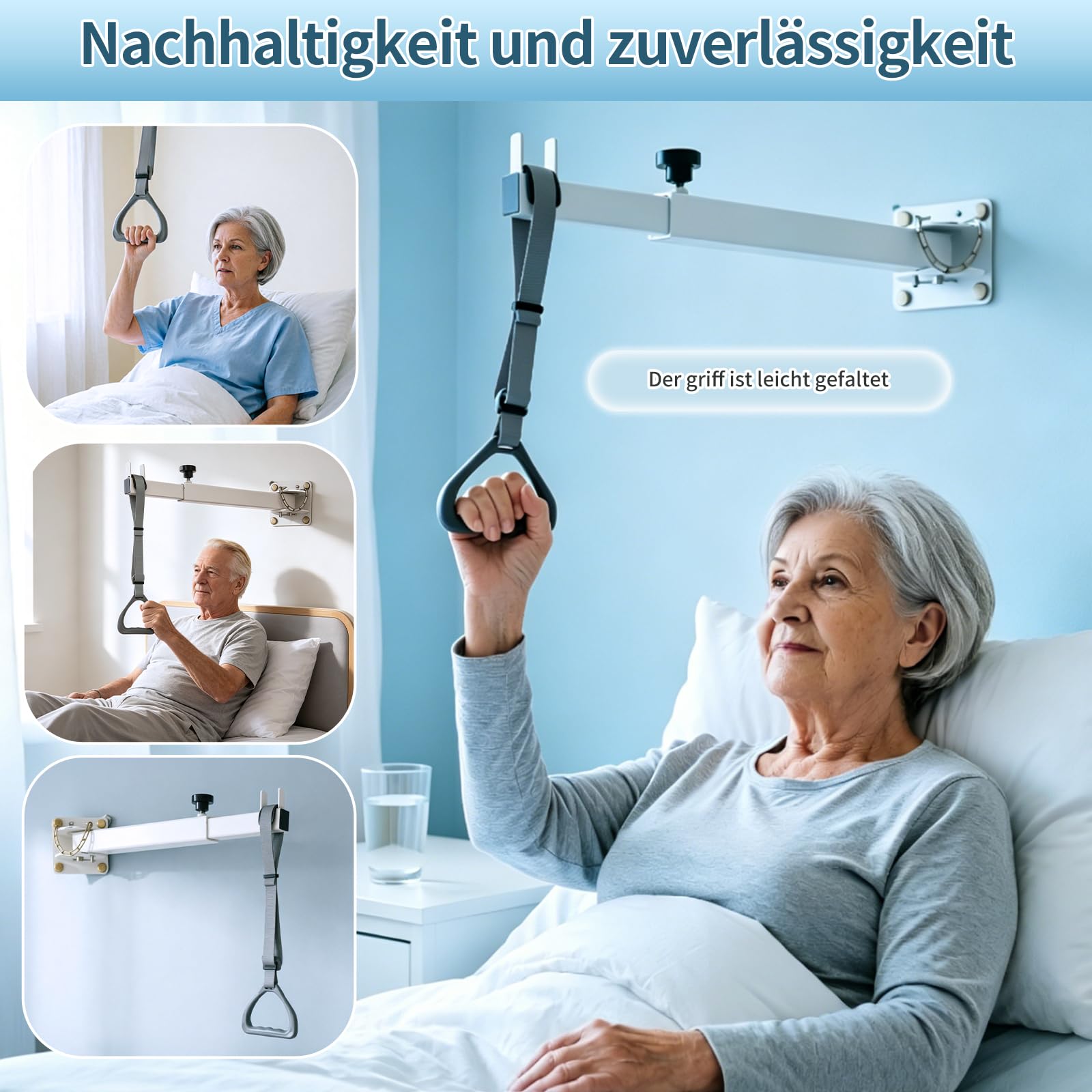 Bettgalgen für ältere Menschen, Galgen für Bett Wandmontage, Stehhilfe Bett zum Aufsetzen und Aufstehen, komfortabler & breiter Triangelgriff, höhenverstellbar & tiefenverstellbar, Tragkraft 100 kg