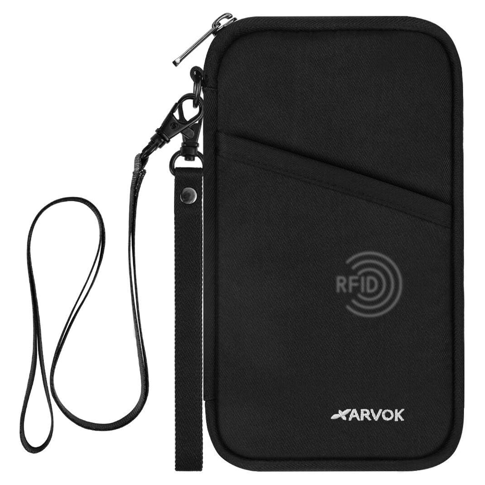 [ARVOK] パスポートケース 首下げ 2Way RFID スキミング防止 セキュリティポーチ パスポートカバー 超薄型 軽量140gｘ13ポケット 大容量 多機能 コンパクト カンバス 便利グッズ 海外旅行 撥水 首掛けストラップ&ハンズストラップ パスポートバッグ男女兼用 海外旅行バッグ 防犯 トラベルポーチ(マットブラック)