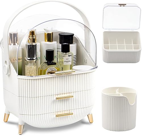 realife Organizador de maquillaje grande con 2 cajones para tocador con lápiz labial y organizador de brochas de maquillaje, organizador de perfumes