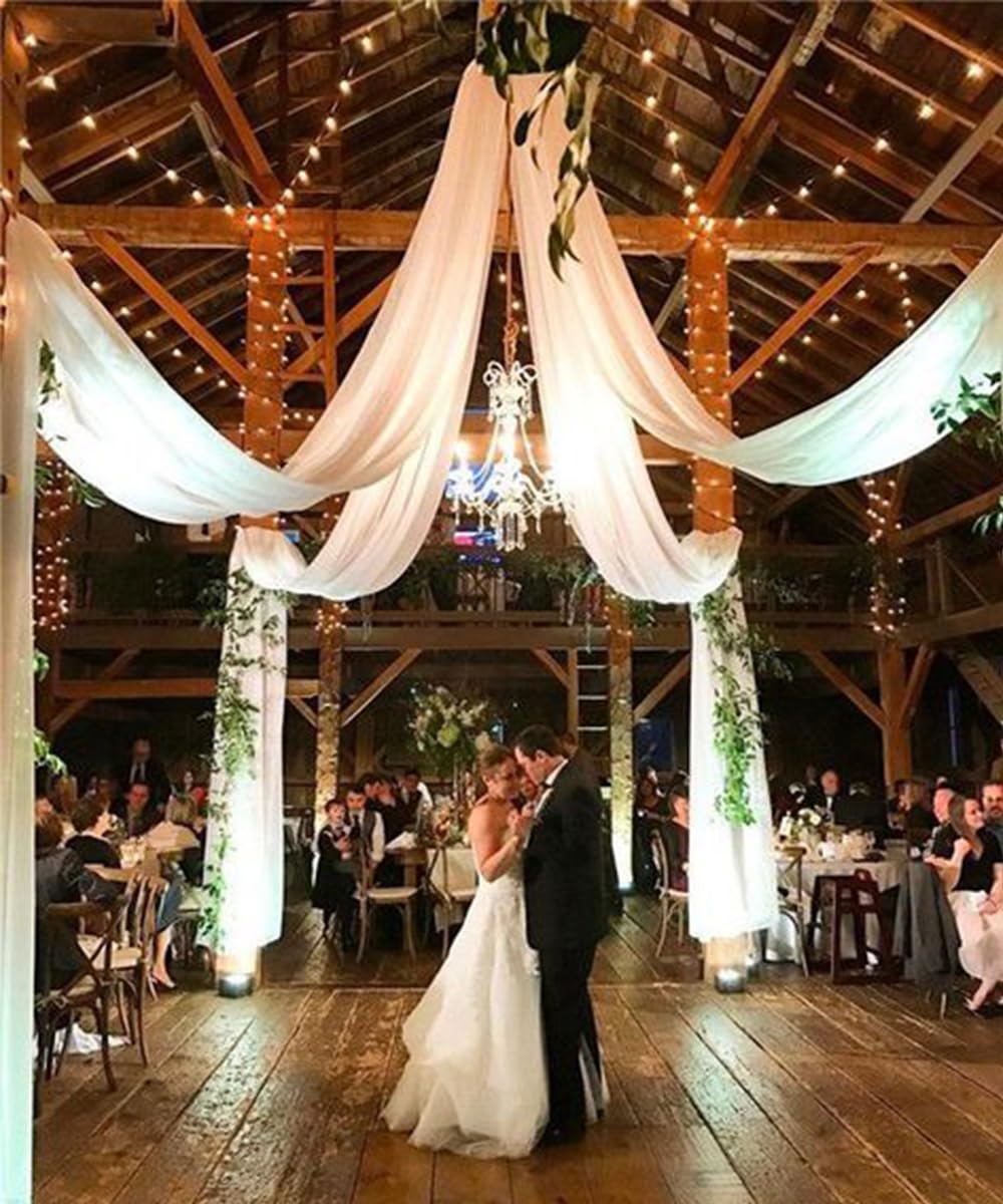 Deckenvorhänge zum Aufhängen für Hochzeit, mit Ring zum Aufhängen und 6 Paneelen, 1,5 x 4,6 m, weiß, durchsichtiger Chiffon-Stoff, Deckenvorhänge für Hochzeitsbogen, Party, Zeremonie,