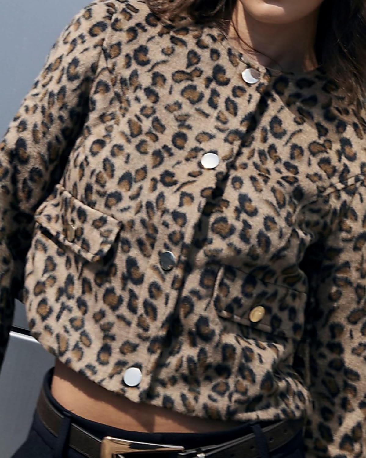 Womens Leopard Print Long Sleeve Crew Neck Cropped Jackets Button Down Casual Outwear Trendy Tops Coats - Image 4