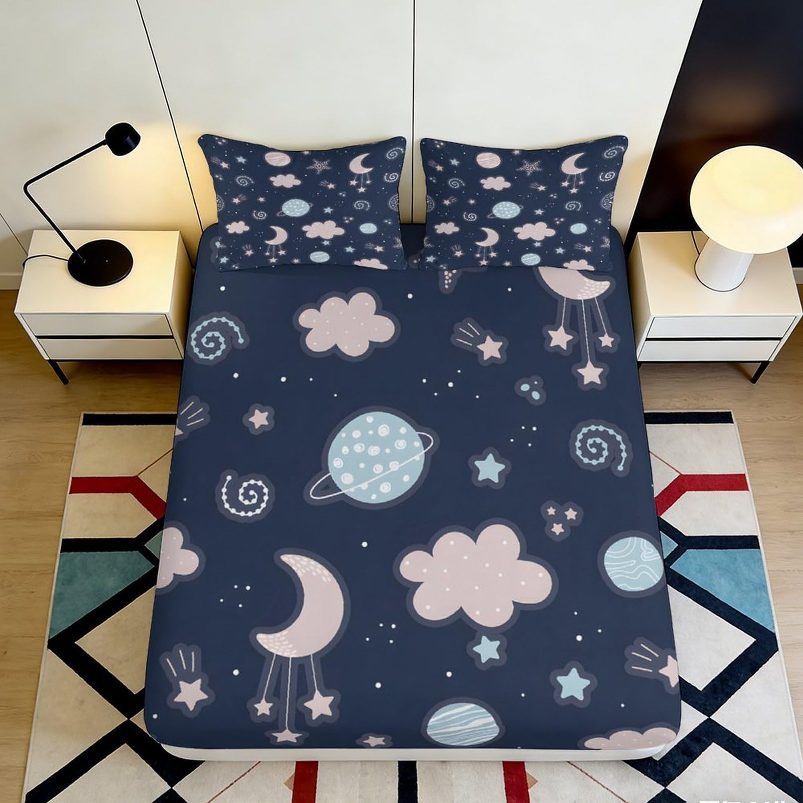 3D Printed Galaxy Fitted Sheet Microfiber Soft Breathable Cosmic Mattress Cover for Bedroom Dormitory Guest Room Bed Protection Decor 160x200x25cm