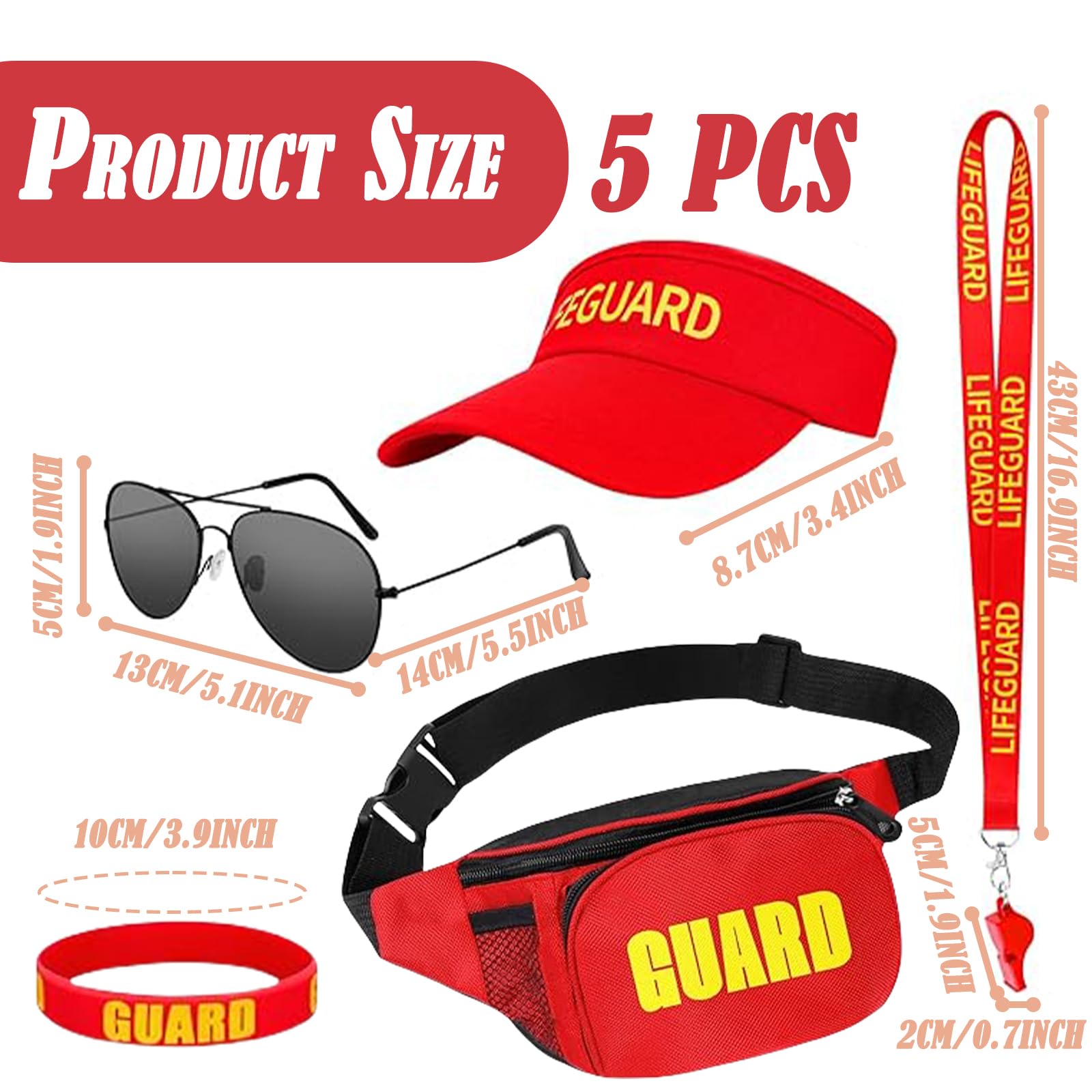 Baywatch, Lifeguard Costume, 5 Pcs Baywatch Costume Including Hats, Bags, Sunglasses - Image 2