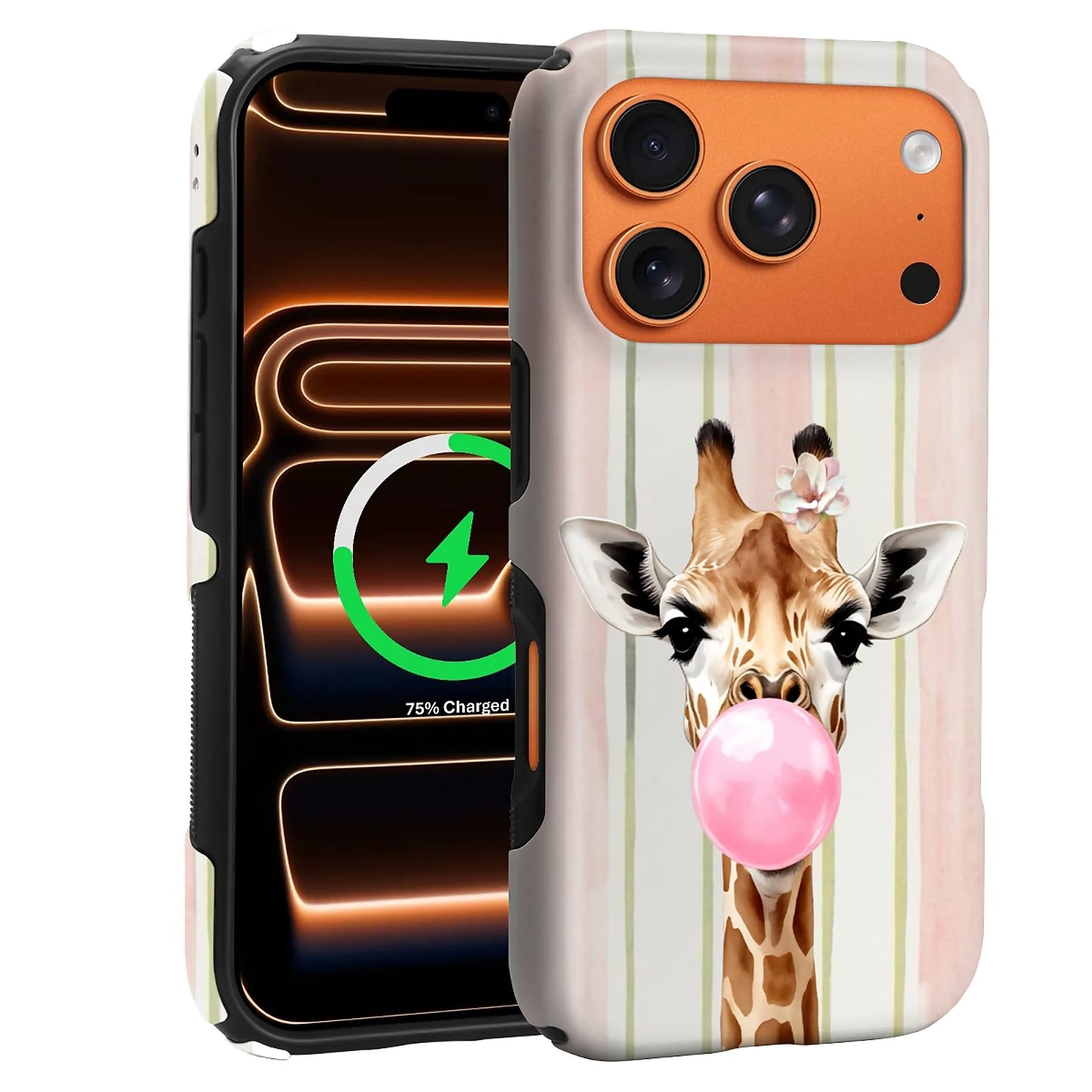 CARLOCA Compatibile con iPhone 17 Pro Custodie 2 in 1 in silicone antiscivolo per MagSafe fornisce una protezione completa per iPhone 17 Pro con design a strisce rosa Bubblegum Giraffe
