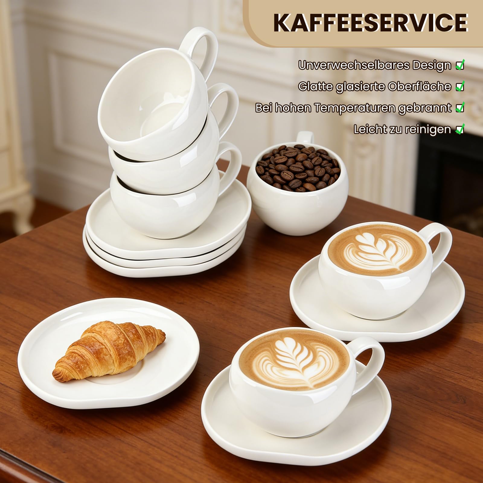 Filiżanki do cappuccino, filiżanki do kawy 200 ml, ze spodkami, serwis do kawy 6 osób, zestaw filiżanek do cappuccino, filiżanki do kawy dla miłośników kawy, cappuccino, latte, Americano i herbaty