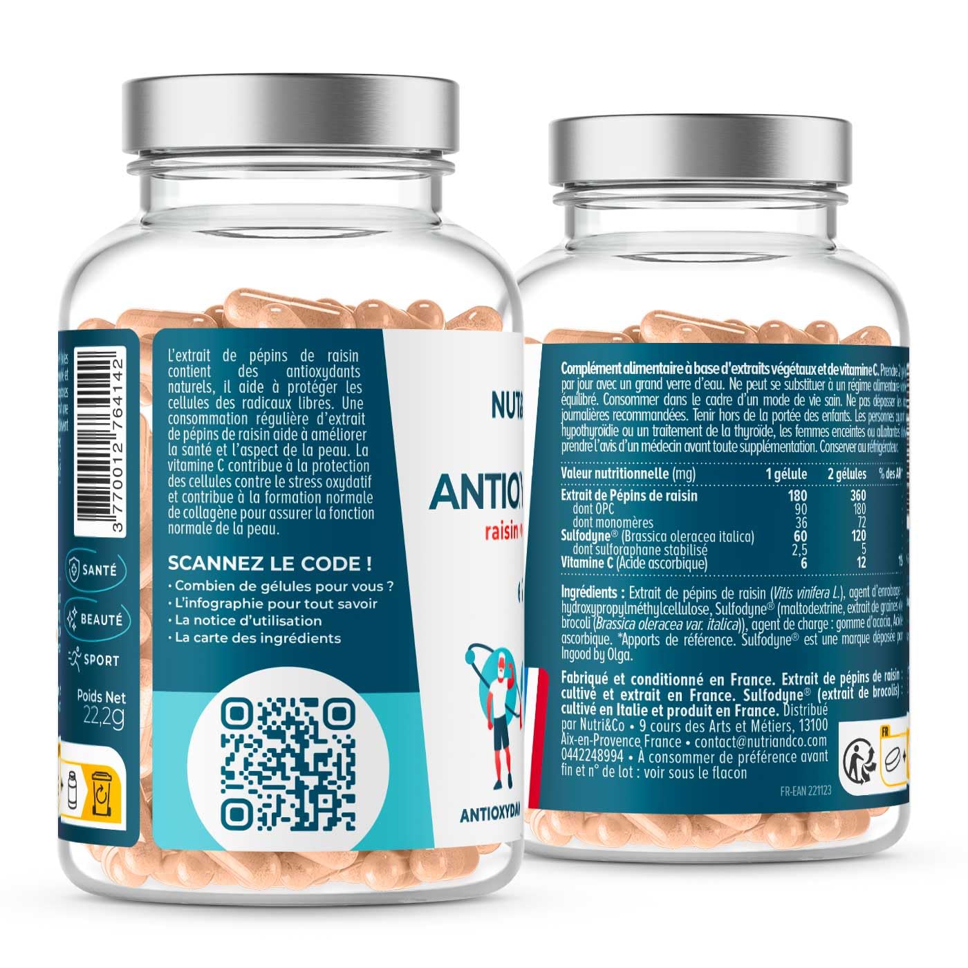 NUTRI & CO Antioxydant - Pépins de Raisin OPC et Sulforaphane de Brocoli - Vit C Précurseur du Collagène - Mix Bio-disponible Anti-âge pour la Peau - 60 Gélules Vegan - Fabriqué en France