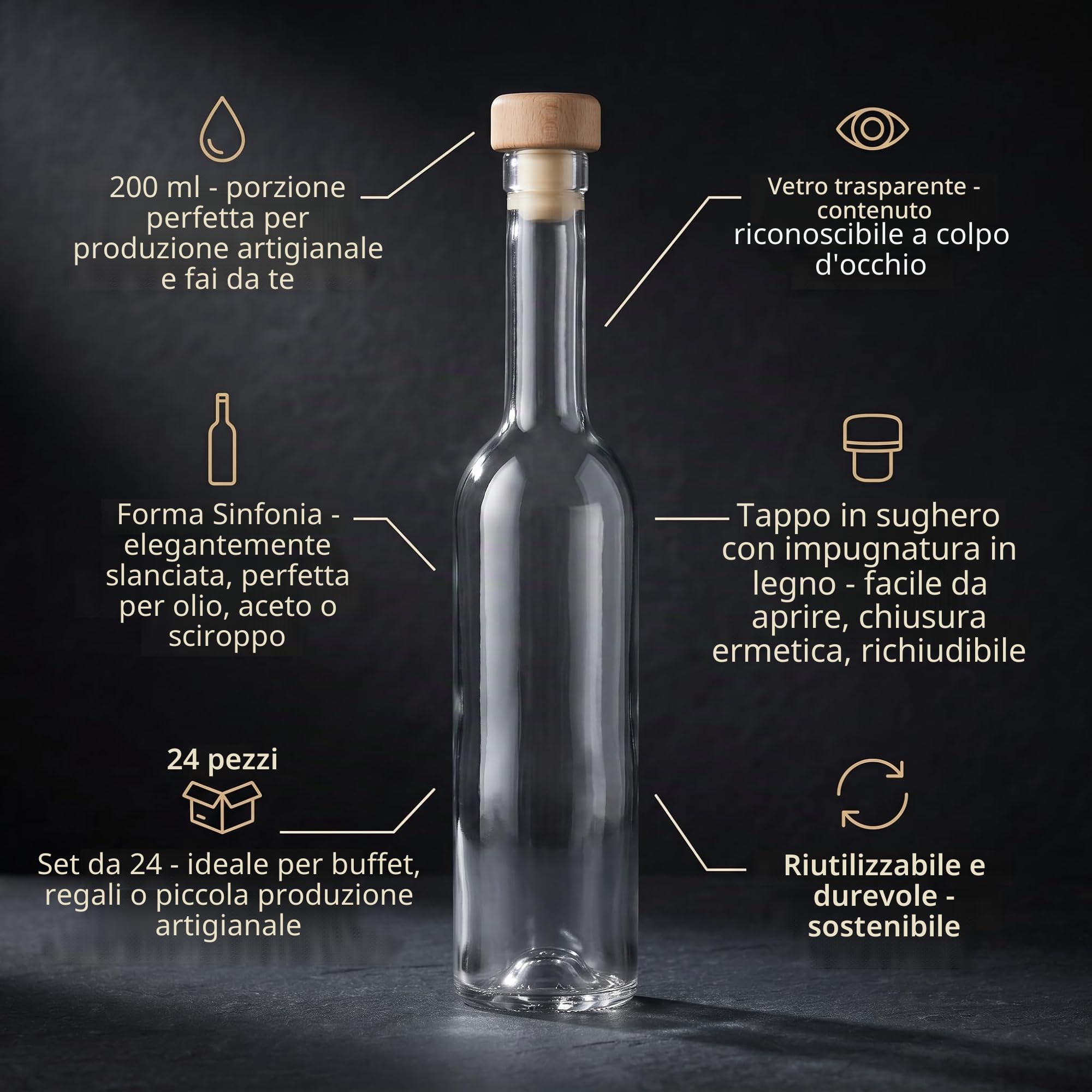gouveo Set da 24 bottiglie in vetro Sinfonie (0,20 l) con tappo in sughero con pomello in legno bottigliette trasparenti per liquore sciroppo olio aceto decorazione (SIF200HGK)