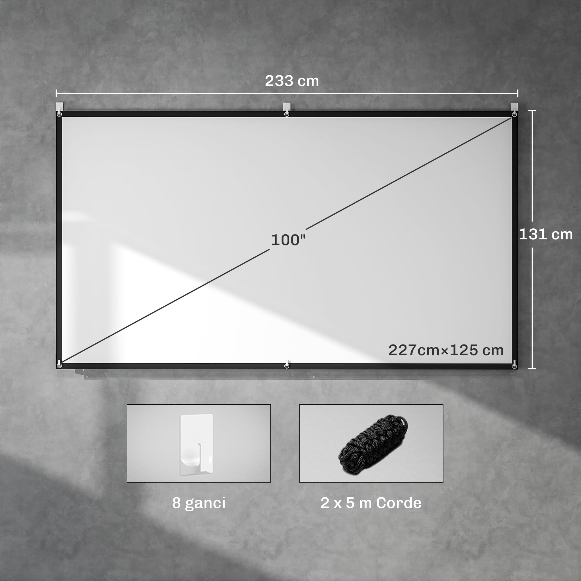 HOMCOM Telo Proiettore da 100 Pollici 4K/8K HD Formato 16:9, Altezza Regolabile Manuale, Schermo Proiettore Lavabile, Grandangolo di 160 Gradi, per Casa, Home, Cinema, Ufficio, Bianco