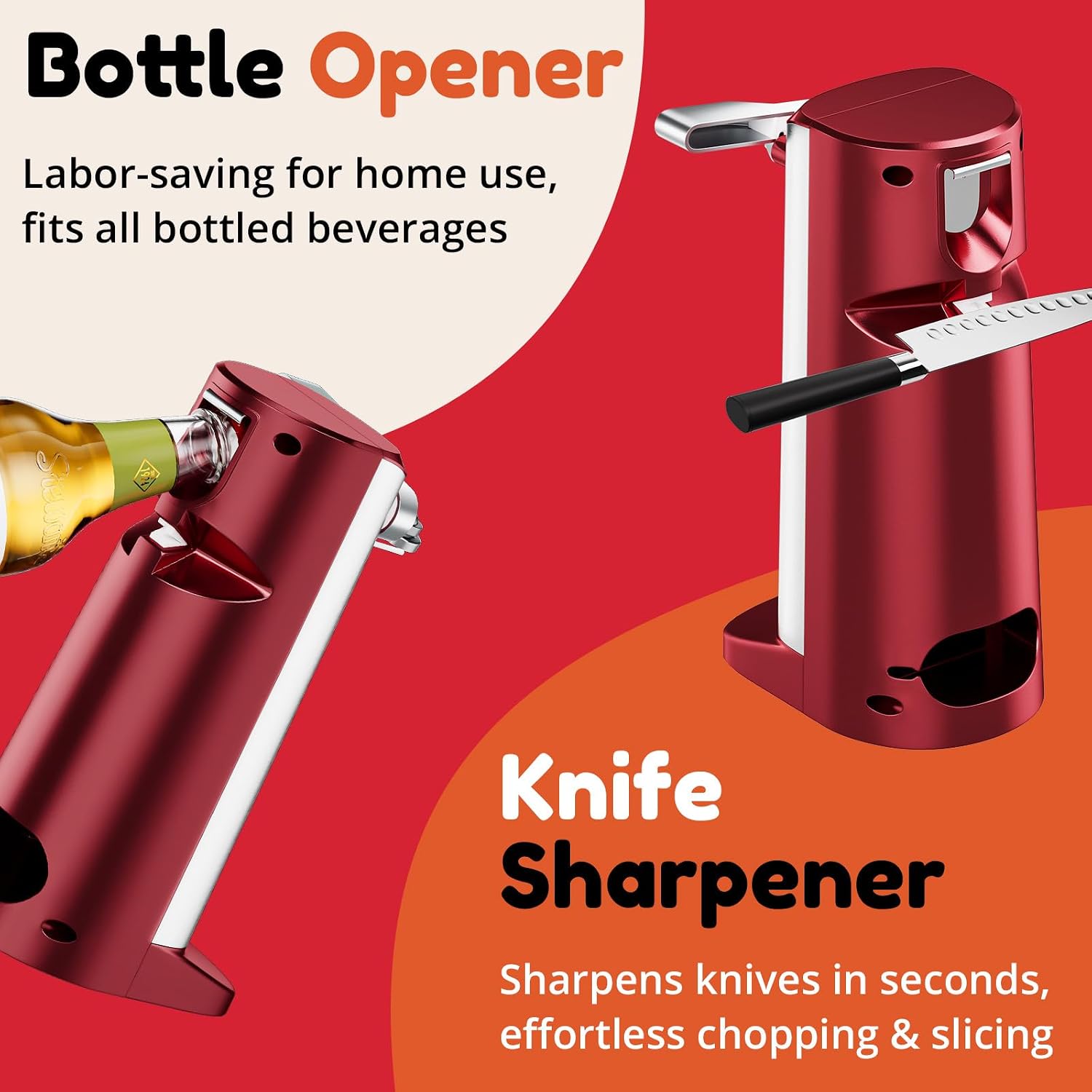 Davivy Electric Can Opener, Removable Stainless Steel Cutter and 3-in-1 Design with Sharpener and Bottle Opener (Red-Stainless Steel)