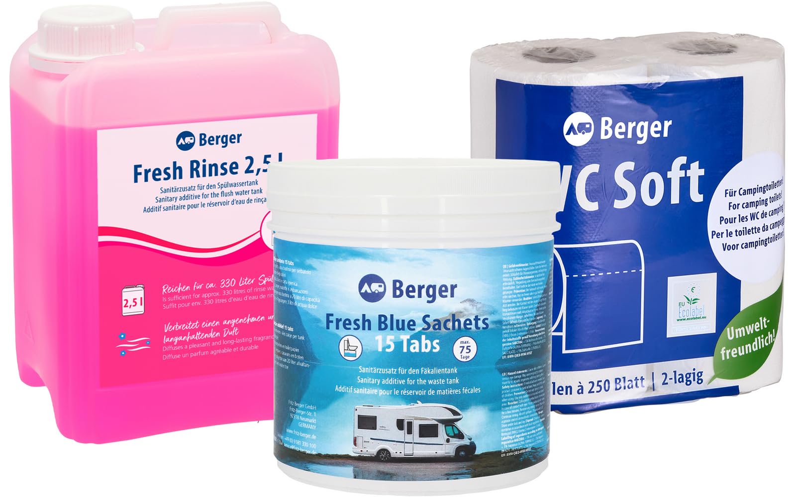 BERGER Sanitär-Set Campingtoilette | Tabs für Camping WC & Chemietoilette | Sanitärflüssigkeit Fresh Rinse 2,5 l | Toilettenpapier 2-lagig für mobile Toilette | Verhindert Verstopfungen & Gerüche