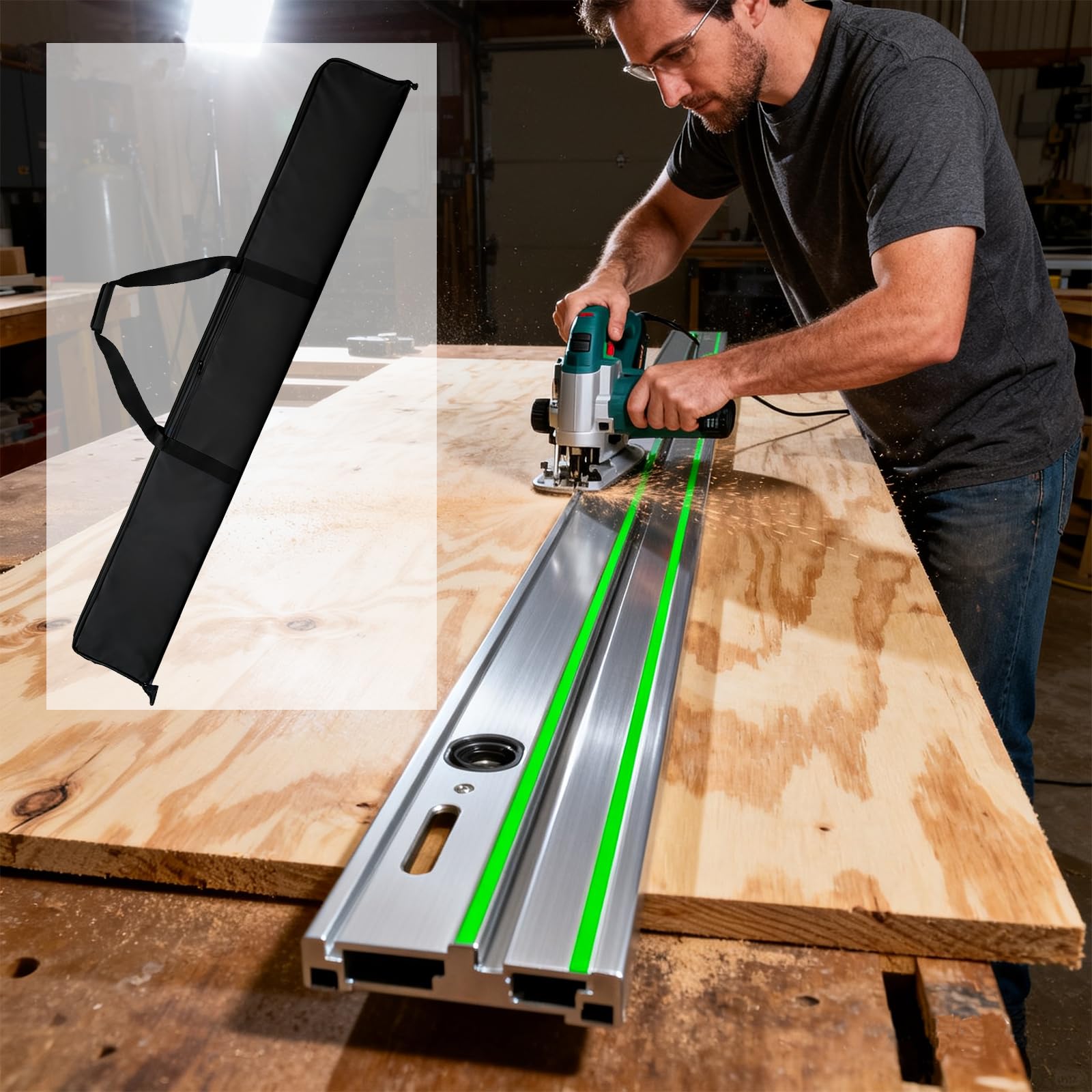 Führungsschiene Tasche 1.6m, für Bis zu 2 Schienen 1100mm/1400mm/1500mm, Plus-Version, ‌Kompatibel mit Bosch, Makita und Festool‌, 600D Oxford Gewebe‌ mit ‌3-Lagen-Dämpfung, Schultergurt‌ und Zubehörf