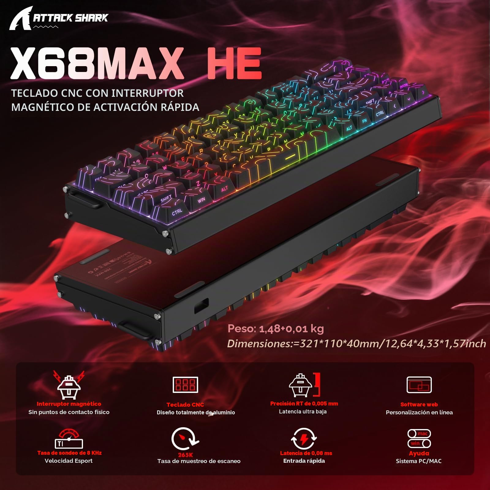 ATTACK SHARK X68MAX HE Teclado de Aluminio CNC Completo, 8KHz Rapid Trigger, Accionamiento Ajustable 0.005mm, Gaming RGB Cableado con Interruptor Magnético, Snap Tap,Cable C01Ultral (Contornos Negro)