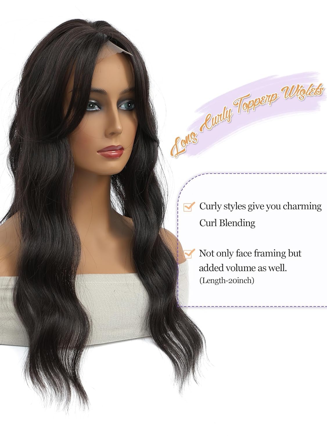 FINE PLUS 20-Inch Wavy Hair Topper for Women With Thinning Hair - Brown Black Synthetic Clip-In Fringe Topper Hair Piece to Add Volume - Image 4