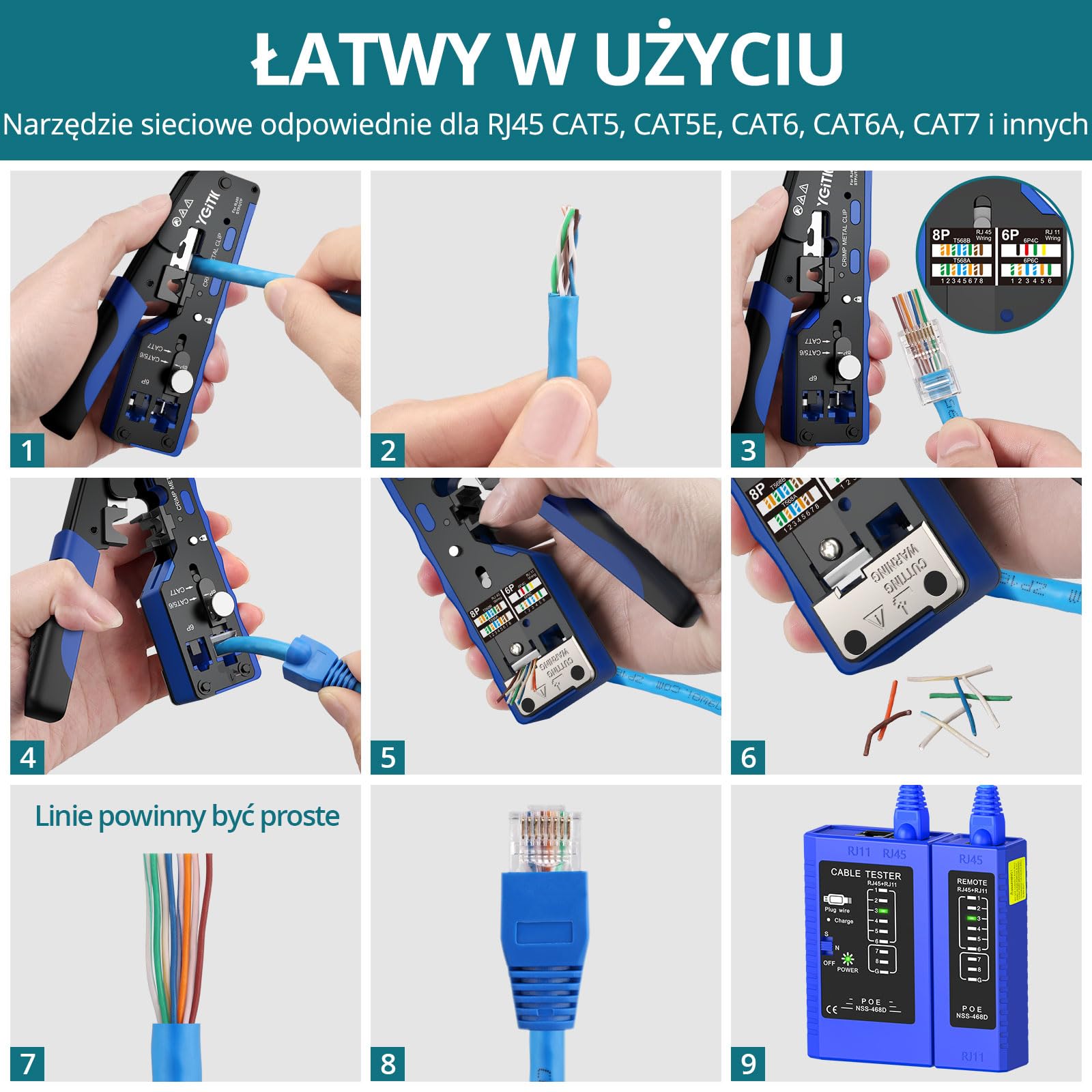 Cat7 Sieciowe narzędzie do zaciskania 3-w-1 Zestaw narzędzi do zaciskania Ethernet dla Cat5/Cat6/Cat7 - Przechodnia zaciskarka RJ45, Tester kabli, Ściągacz przewodów z 50 złączami (20 Cat7 + 30