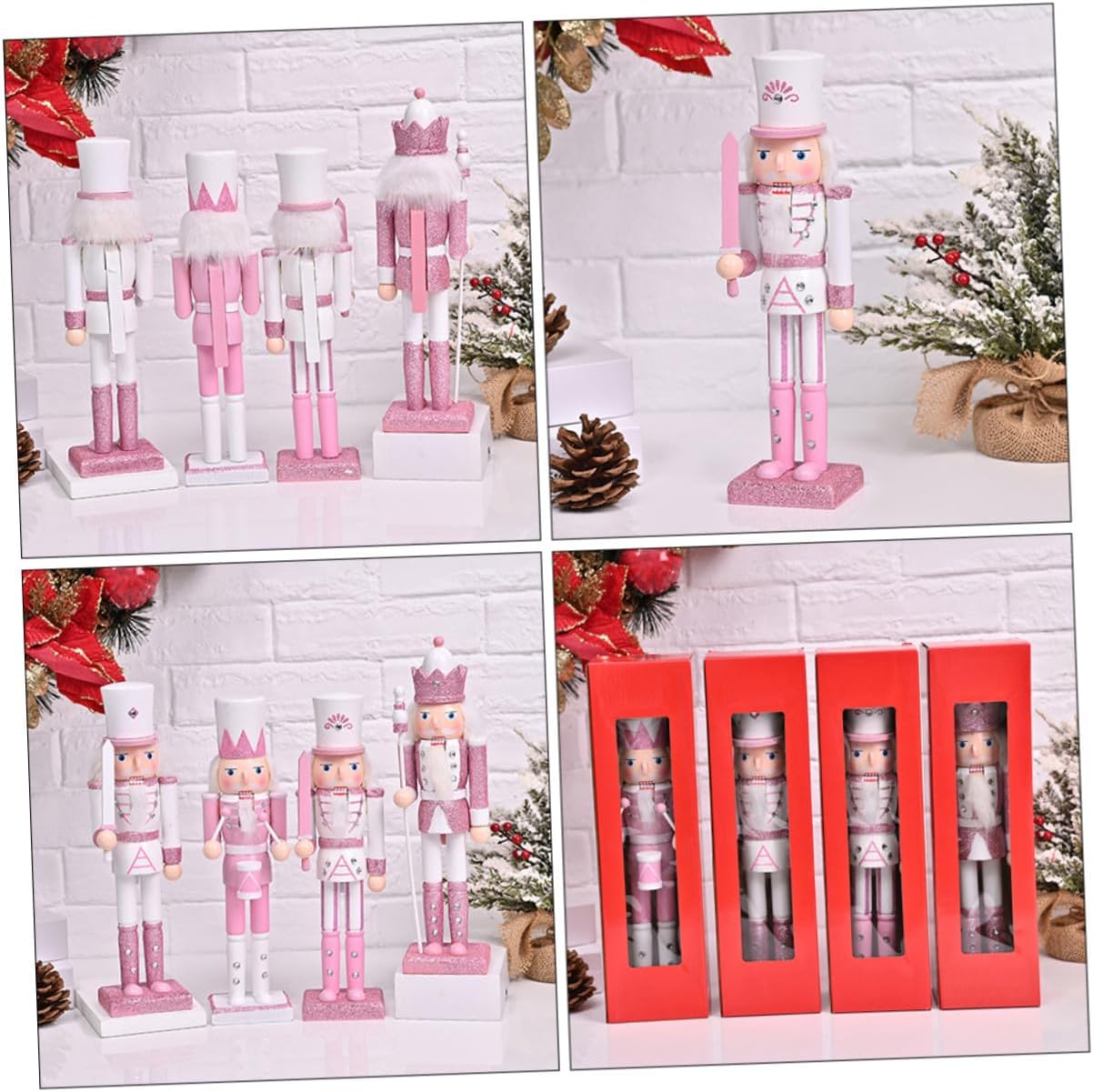 FRCOLOR 4pcs Wooden Christmas Nutcracker Puppets Set, 24cm Pink Xmas Nutcracker Figures Desktop Holiday Decoration and Festive Party Supplies