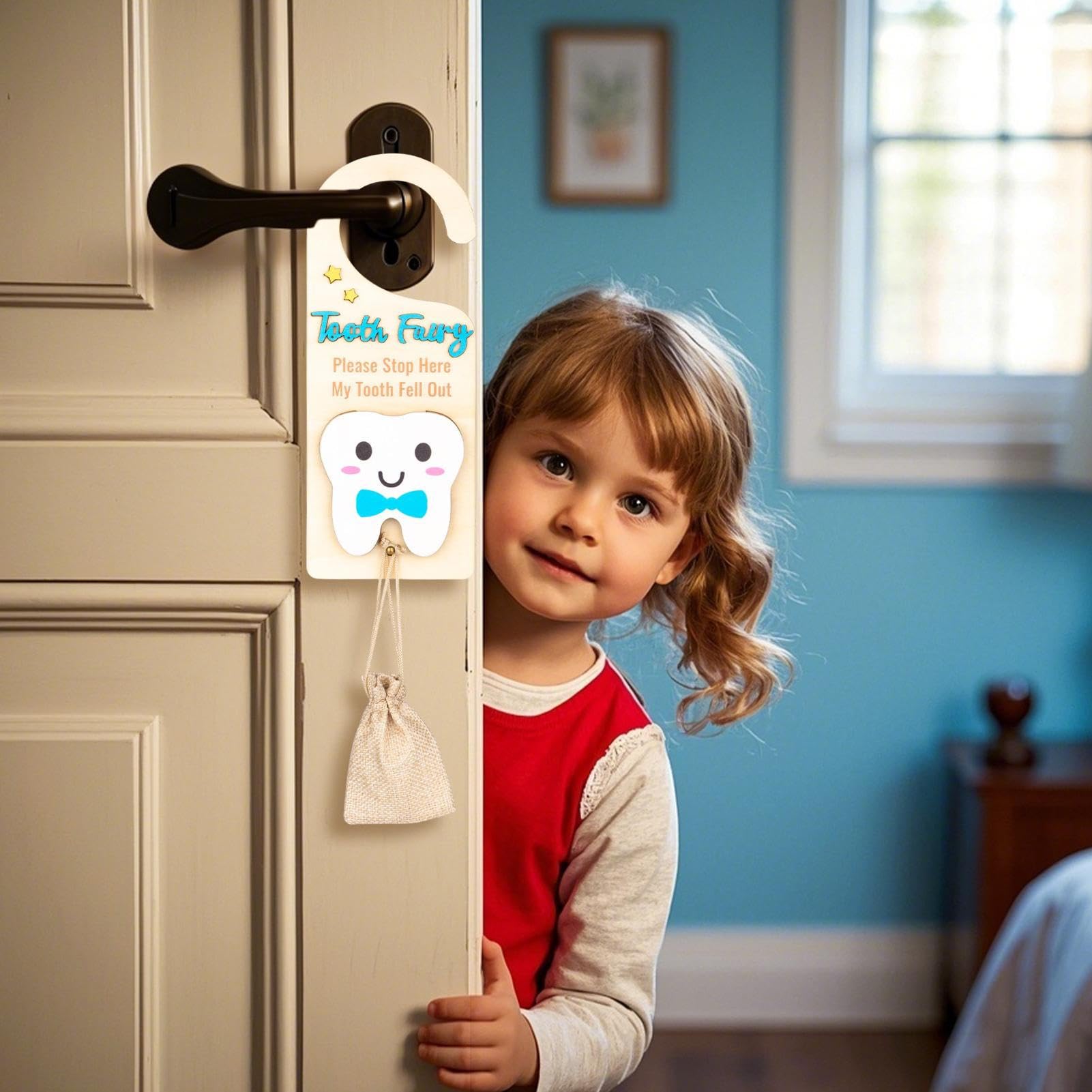 Tooth Fairy Hanger, Tooth Fairy Tooth Holder, Handcrafted Wooden Hanger, Milk Teeth Keepsake Container With Money Slot, Tooth Holder Encourage Keepsake With Bag For Room, Decor