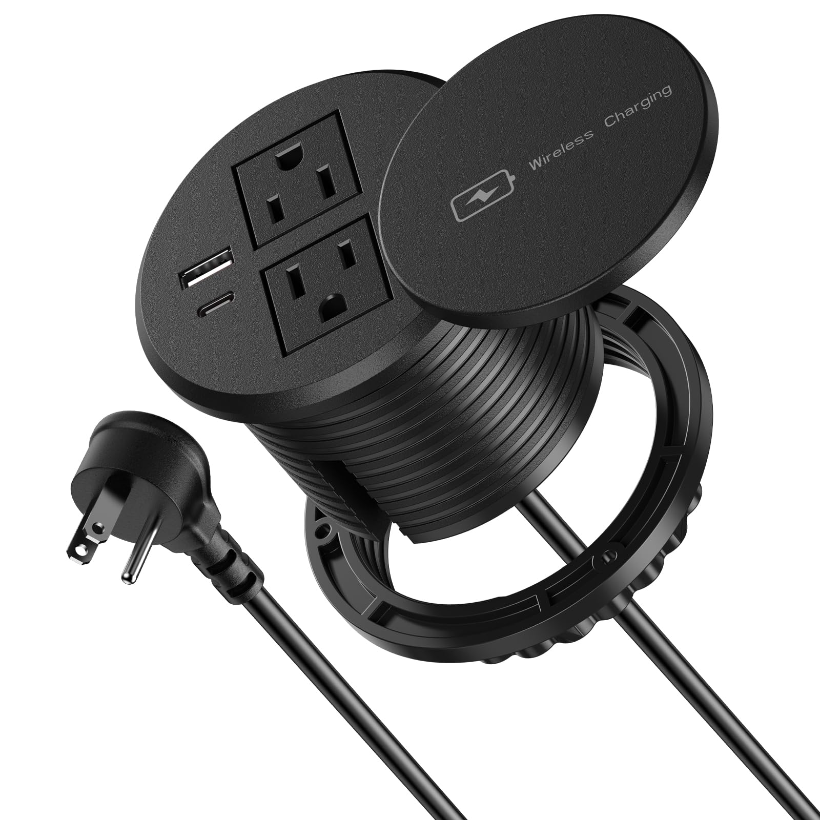 3 Inch Desk Power Grommet with 15W Wireless Charger, 20W USB-C Fast Charging Countertop Grommet Recessed Mount Power Outlet, with AC Outlets and 6ft Extension Cord