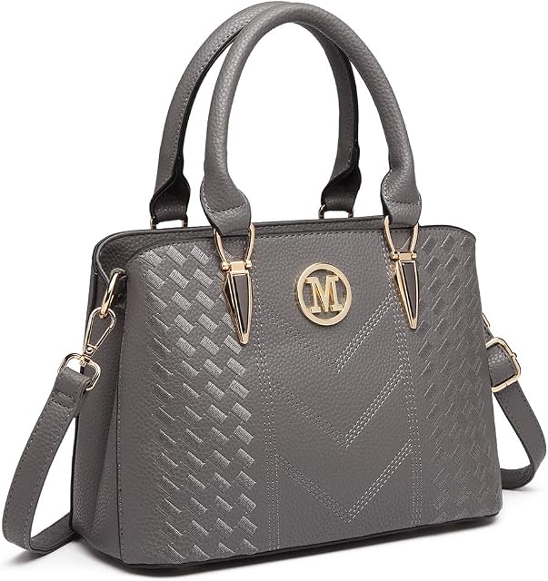 Miss Lulu Women Top Handle Bag Woven pattern and Chevron Shoulder Bag Front M Logo Handbags (6865 Grey)