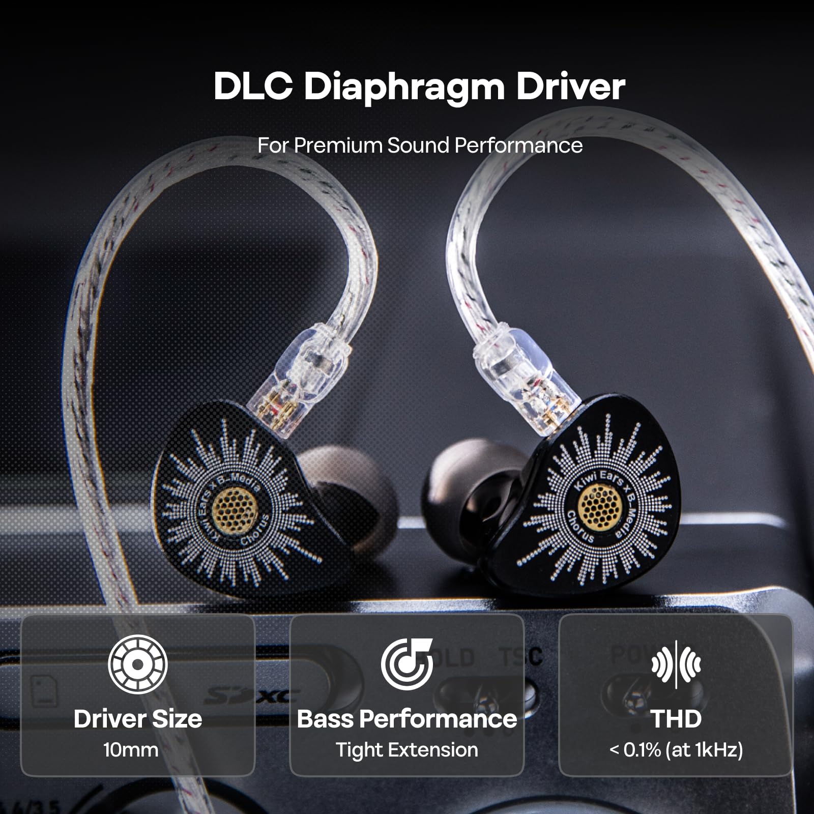 Kiwi Ears x B_Media Chorus In-Ear-Monitor, DLC-Membran Dynamic Driver IEM, mit CNC-Metallblende, kabelgebundene Ohrhörer mit doppeltem versilbertem Kabel für Musiker (1, Schwarz, 3,5 mm