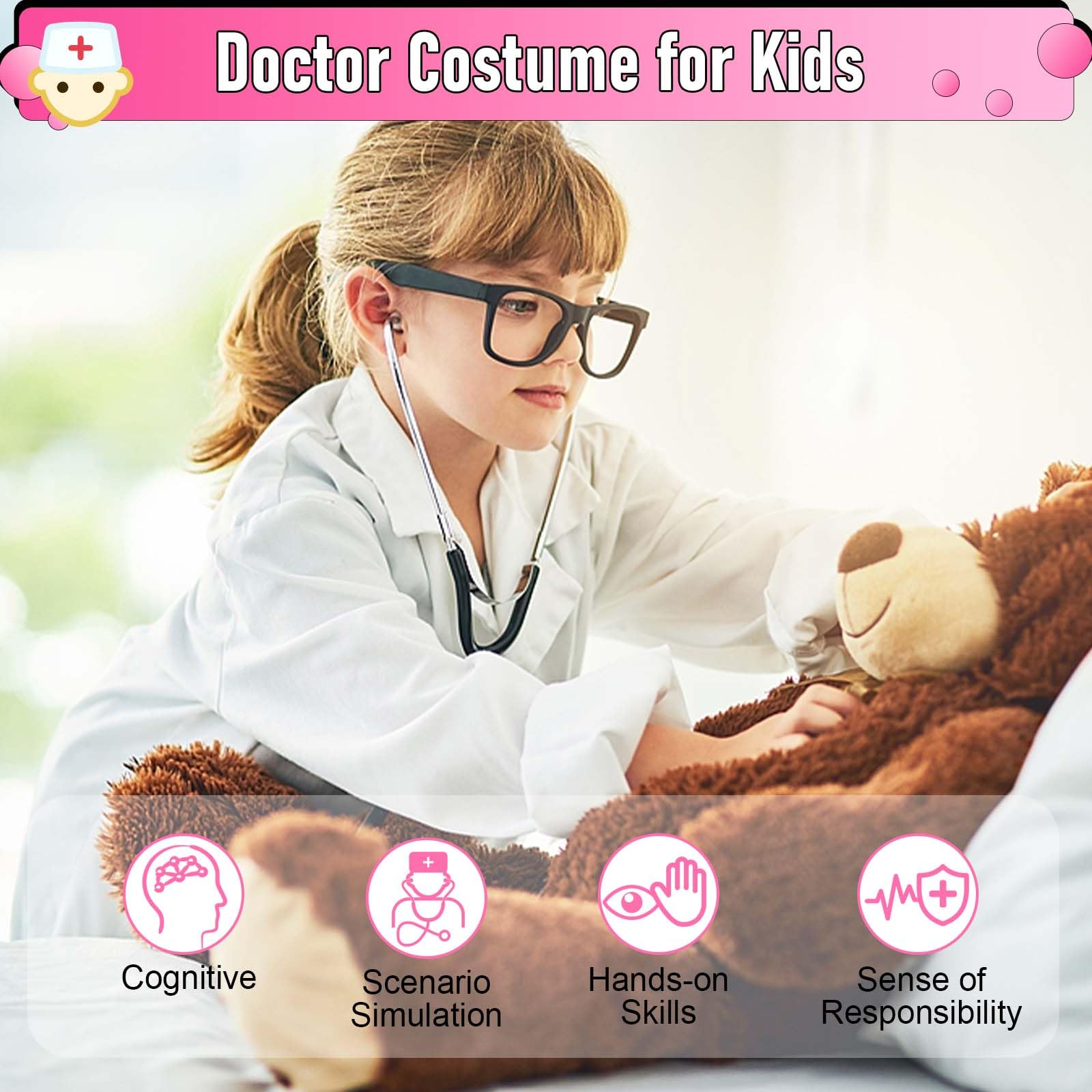 Costume da medico per bambini, costume da cosplay da medico, per bambini, con vero stetoscopio per giochi di travestimento di Halloween – 110