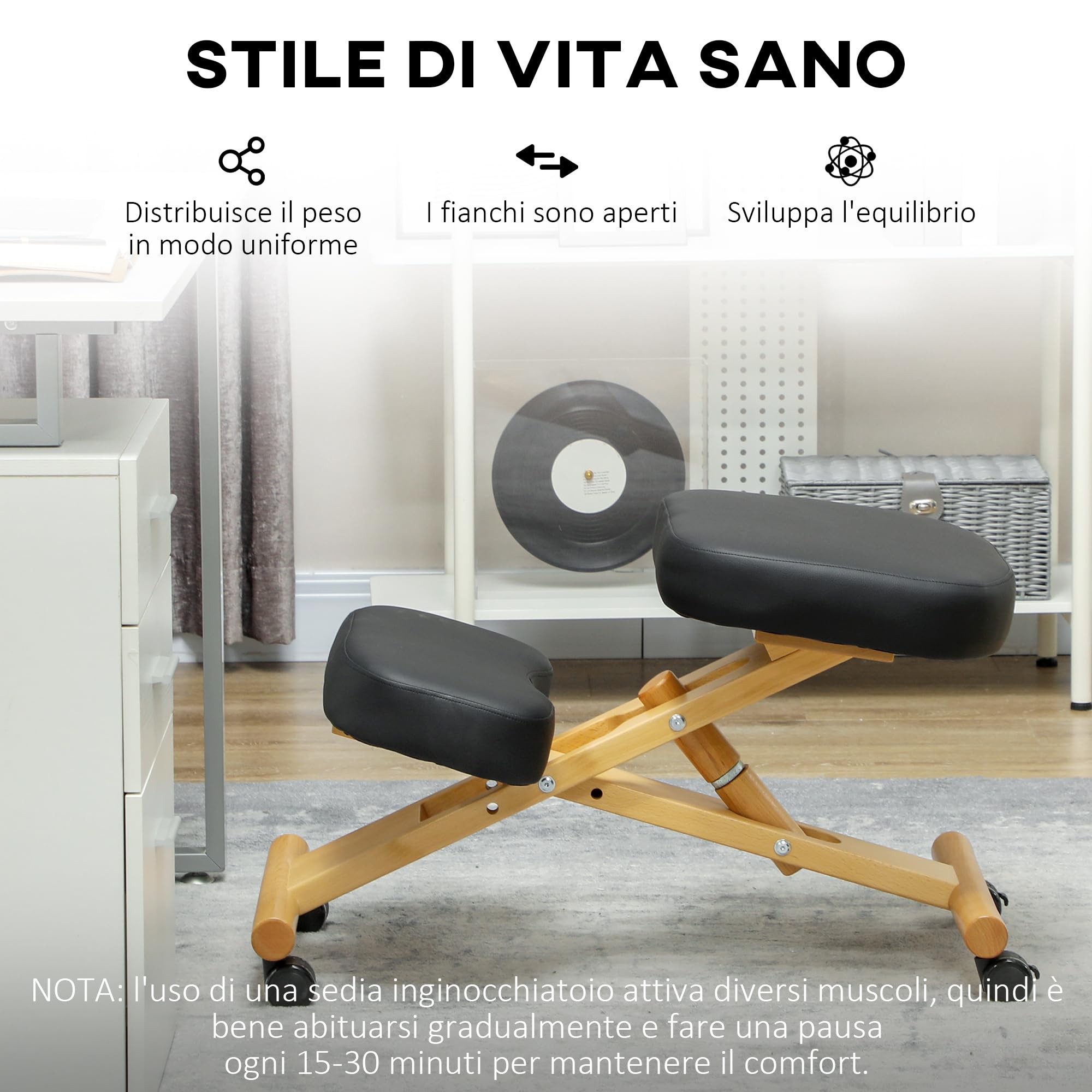 HOMCOM Sedia Ergonomica Inginocchiata, Sedia Posturale, Nero | Sgabello Ergonomico Inginocchiatoio, Legno di Caucciù, con Rotelle, Ufficio, Casa