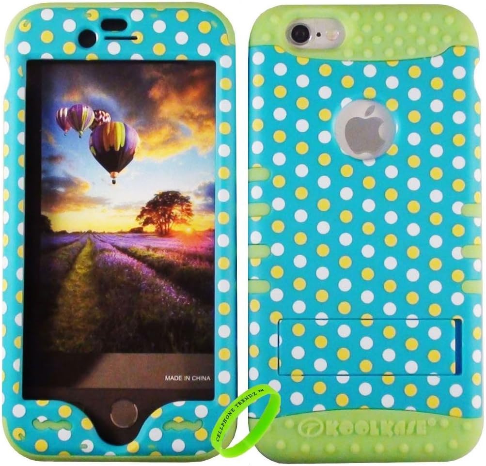 Cellphone Trendz HARD & SOFT RUBBER HYBRID ROCKER HIGH IMPACT PROTECTIVE CASE COVER for Apple iPhone 6 Plus 5.5" 6th Generation Case - Yellow White Polka Dots Design Blue Hard Case on Lime Green Silicone