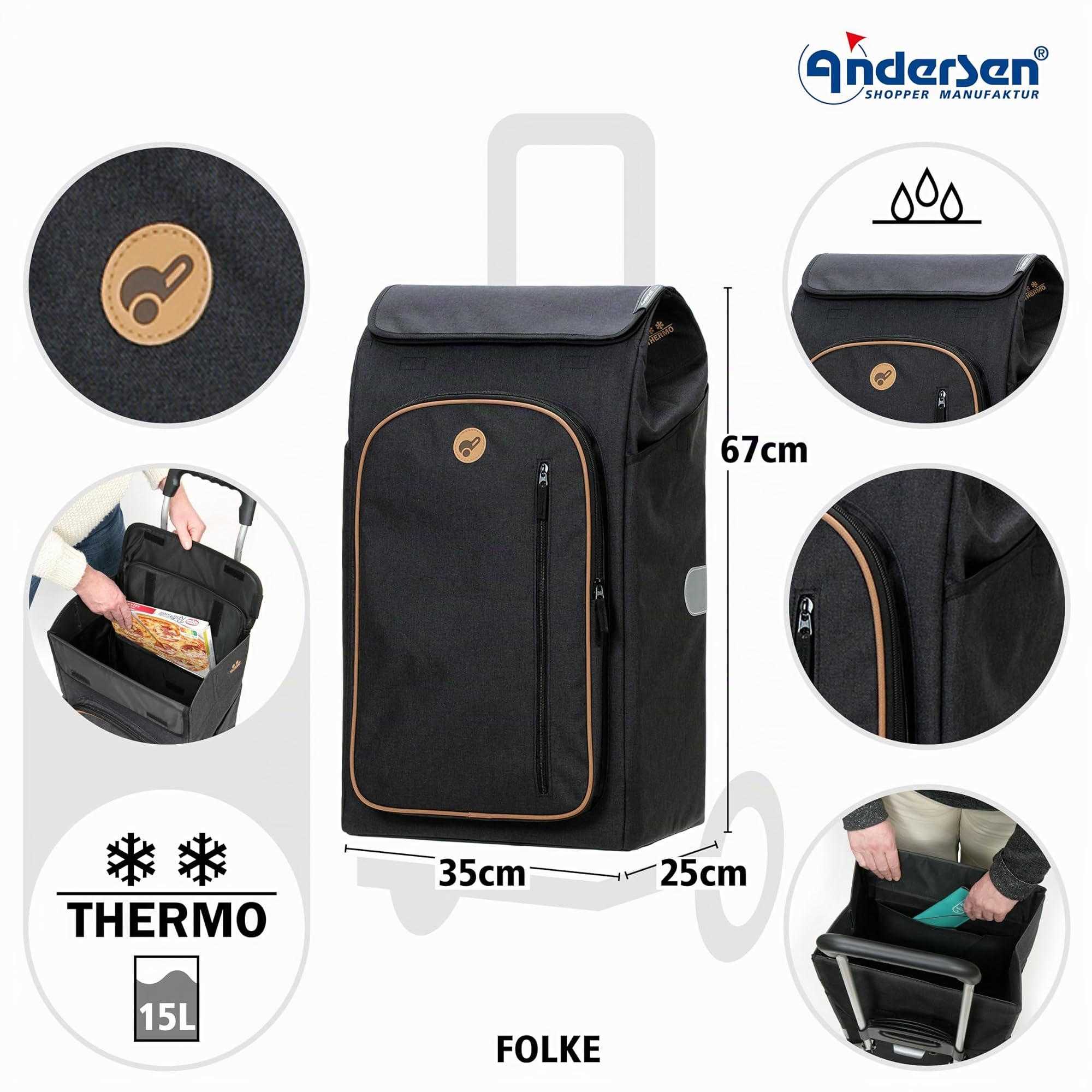 Andersen Einkaufstrolley - klappbar - 61 Liter - 4 Räder - mit Kühlfach | höhenverstellbar - belastbar 50 kg - Stahlgestell - Trolley - Quattro Shopper Folke schwarz