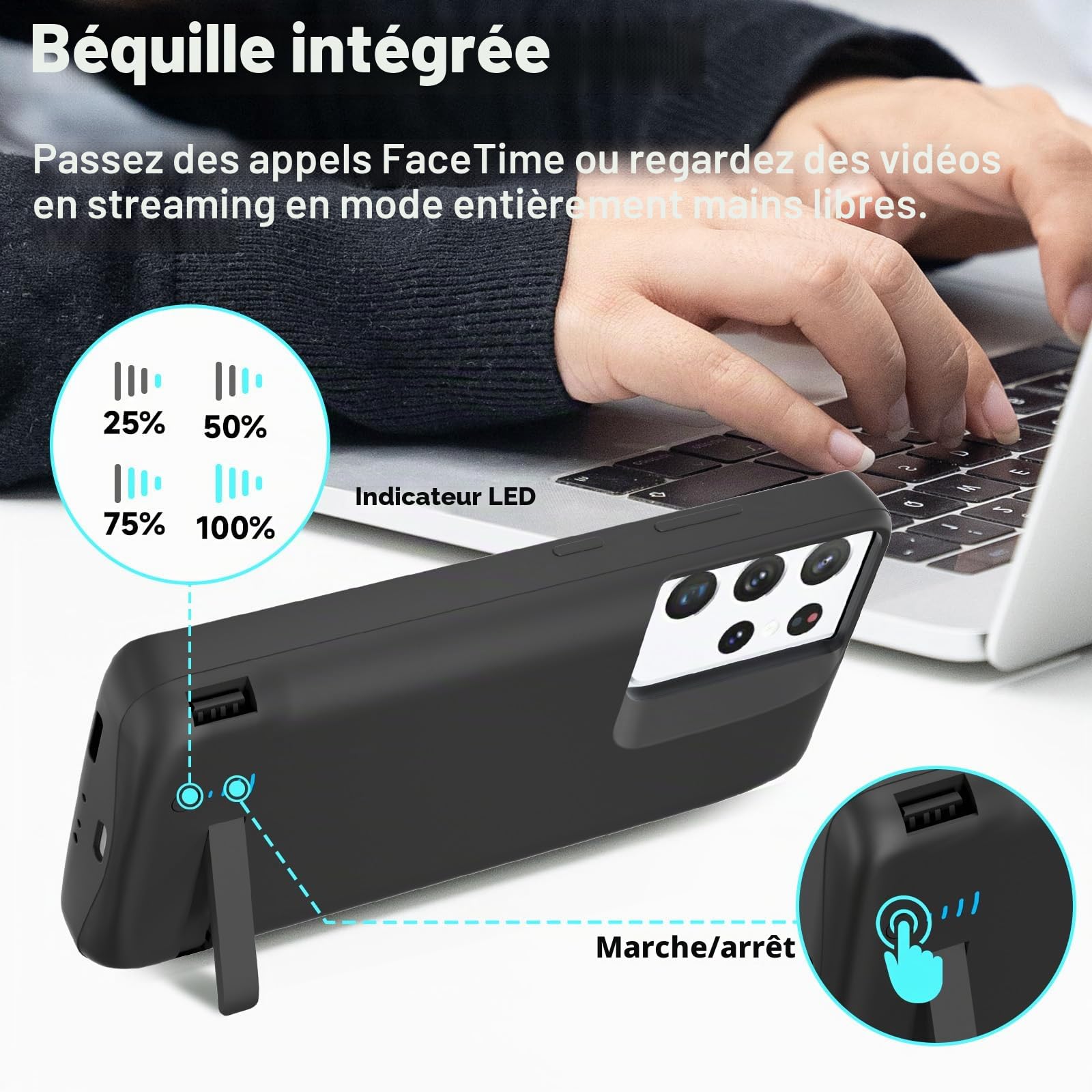Coque de Batterie pour Samsung Galaxy S21 Ultra(6,8") 7000 mAh Fine et Rechargeable,Coque de Chargement Étendue,Chargeur de Batterie de Secours Portable - Noir