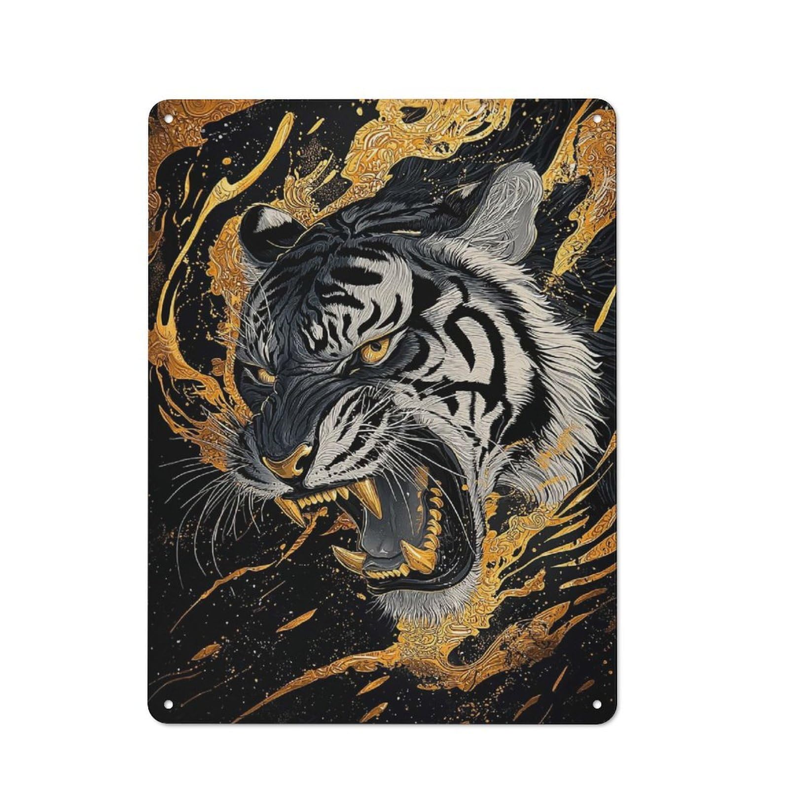 Golden Tiger Roar Decorative Metal Plaque, Easy to Hang Plaque for Garden Shed, Covered Patio, Kitchen Or Hallway, 40x30cm