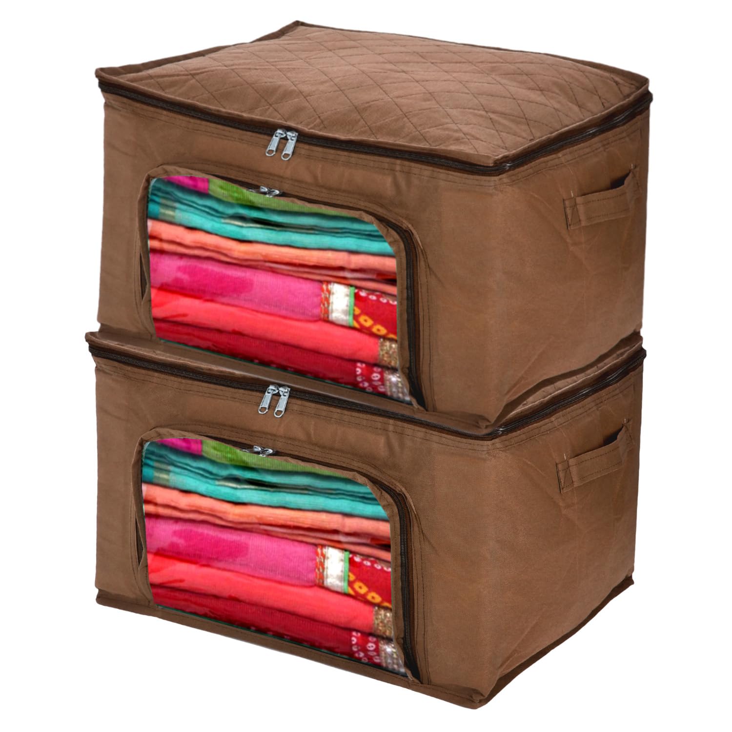 Kuber Industries Storage Bag | Non-Woven Zipper Closure Storage Bag | Clothes Organiser | Wardrobe Organizer with Transparent View | Pack of 2 | Brown