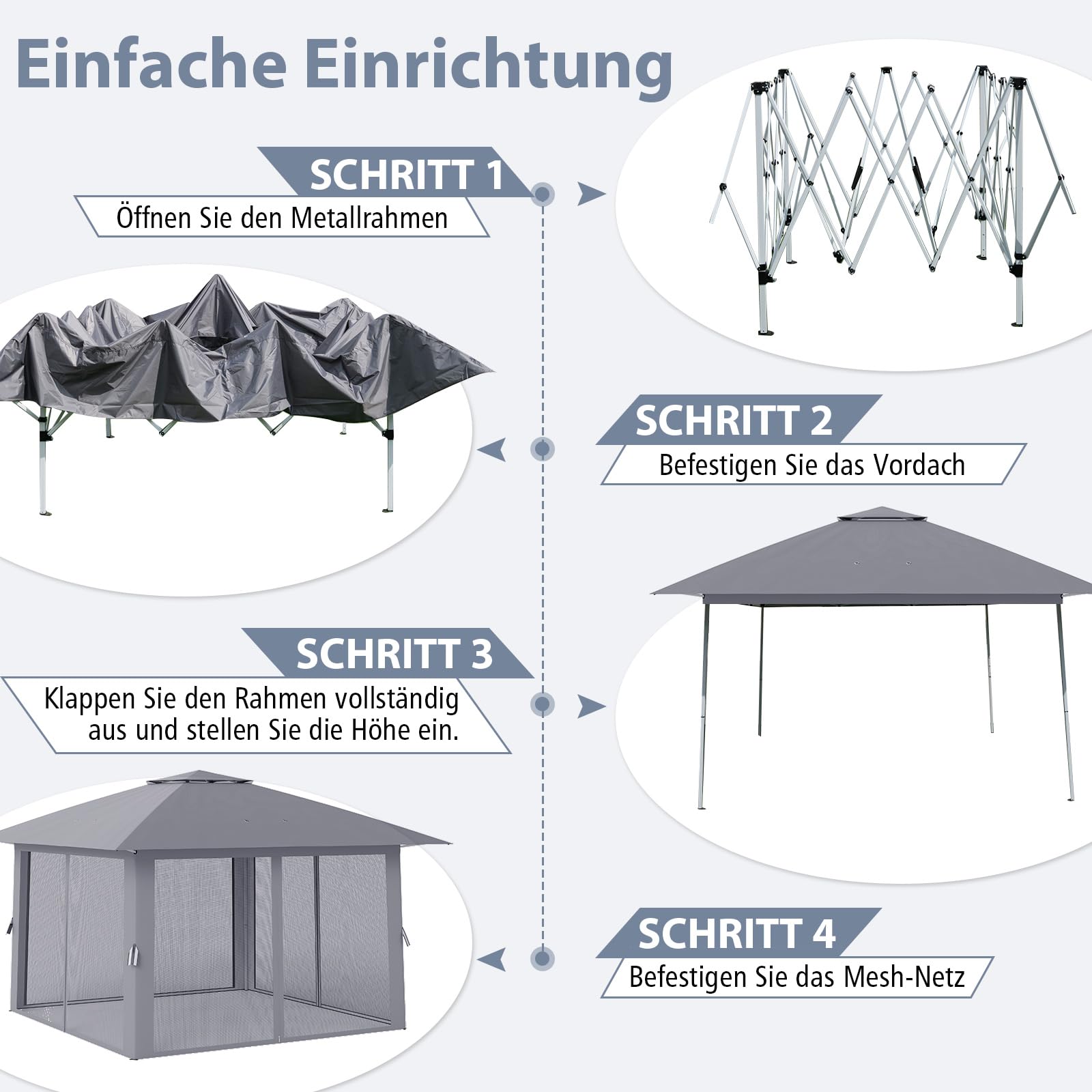 COSTWAY Pavillon 4x4 m, Pop Up Faltpavillon mit 4 Moskitonetz & Doppeldach & Metallrahmen, Wasserdicht & Stabil & Winterfest, Gartenpavillon inkl. Tragetasche, Partyzelt für Terrasse Garten, Grau