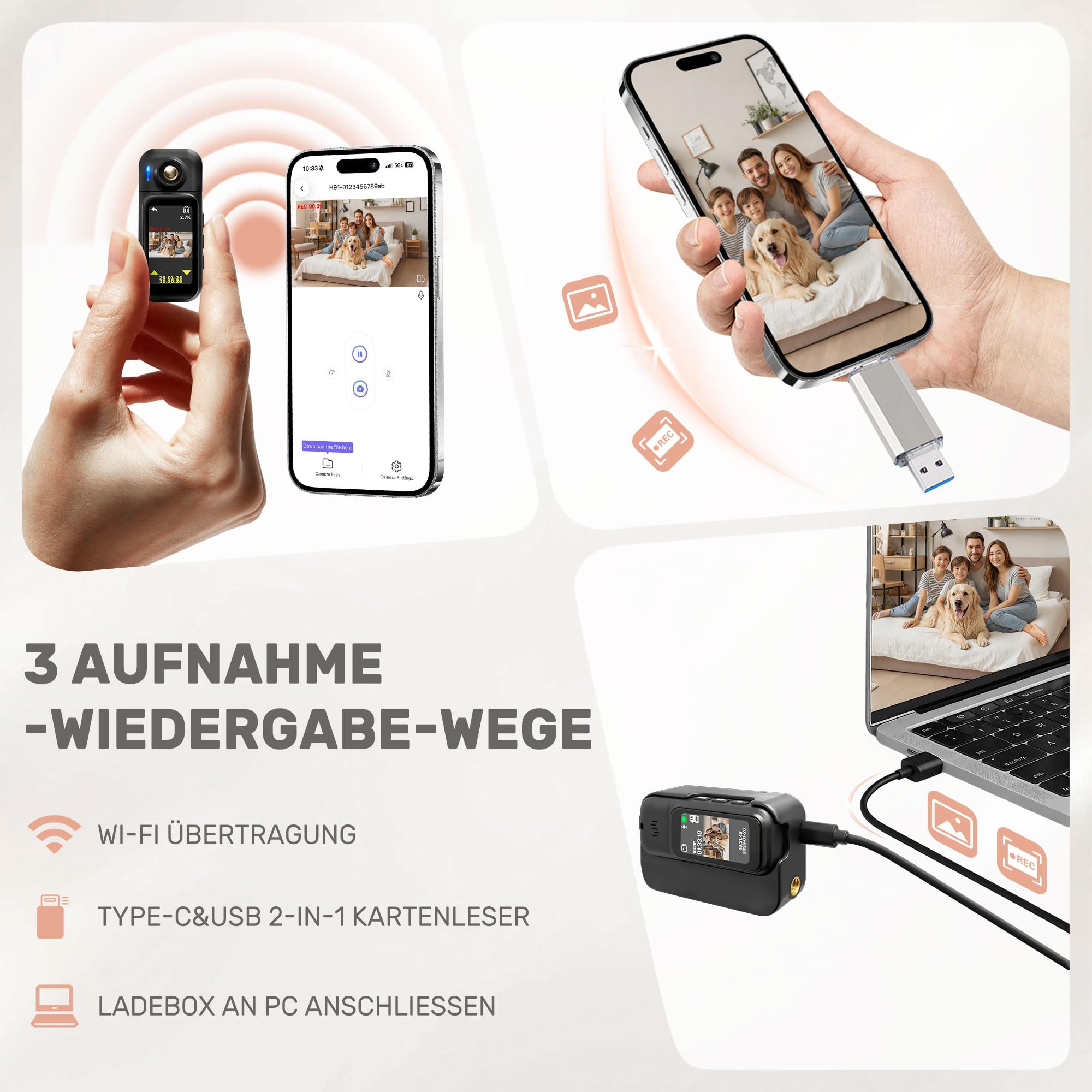 Mini Action Cam 1080P,Body Cam für Outdoor | Wasserdicht 30M,180 Min Akku,Körperkamera Mini mit 180° Objektiv,1,47 Zoll Berührbar Display Vlog Kamera Fahrrad,Reisen