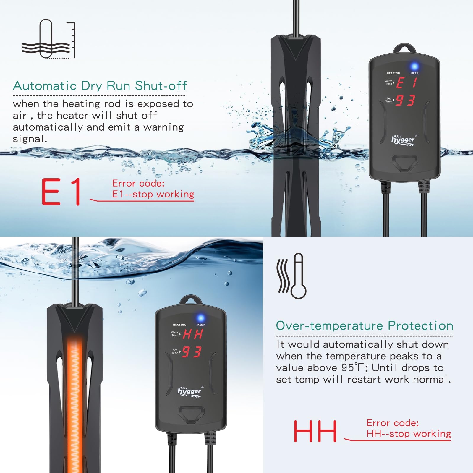 hygger Calentador sumergible para acuario con controlador externo y pantalla LED, calentador de tanque de peces totalmente sumergido de 200 W para agua dulce y salada, para tanques de 25 a 50 galones