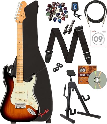 Fender Player Plus Stratocaster - Paquete de 3 colores con bolsa de concierto, soporte, cable de instrumento, afinador, cejilla, cuerdas, correa,