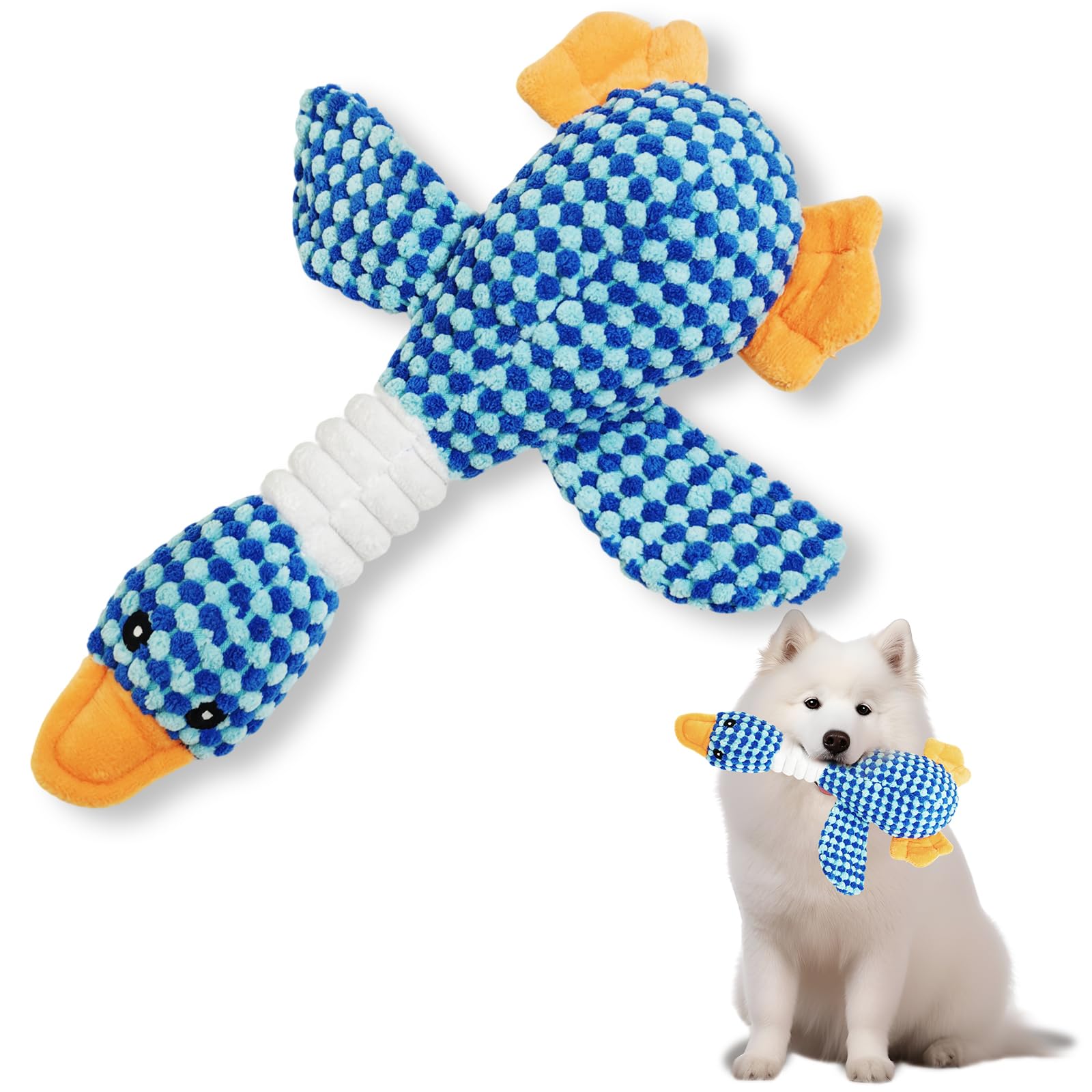 Fuzzilovy Squeaky Dog Toys for Small, Medium, and Large Breeds, Stuffed Chew Dog Toys to Keep Them Busy, Blue Duck
