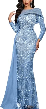 Women's Sequin and Beaded Mermaid Evening Gown with Long Sleeves