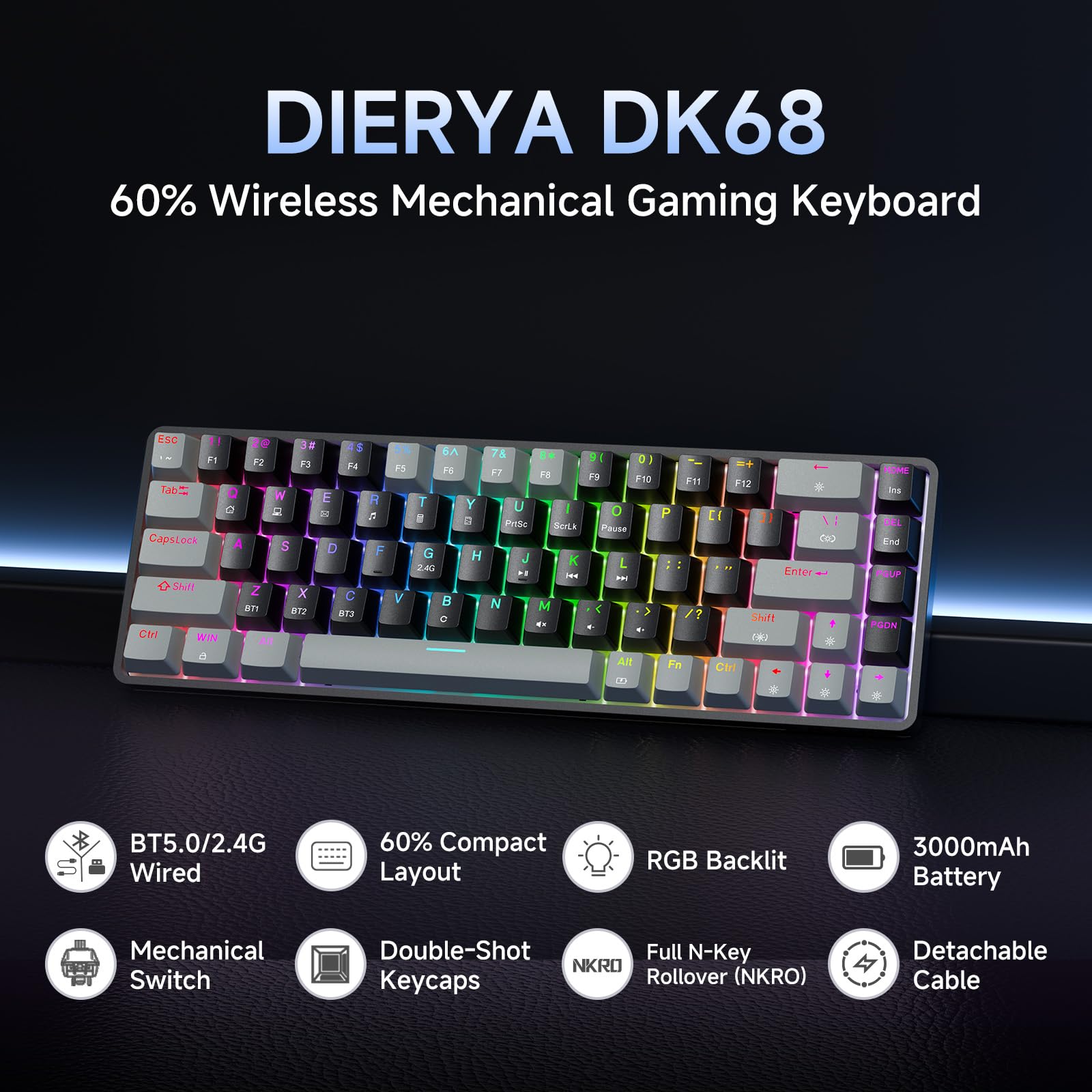 Amazon.com: DIERYA DK68 60% Wireless Mechanical Gaming Keyboard, 3