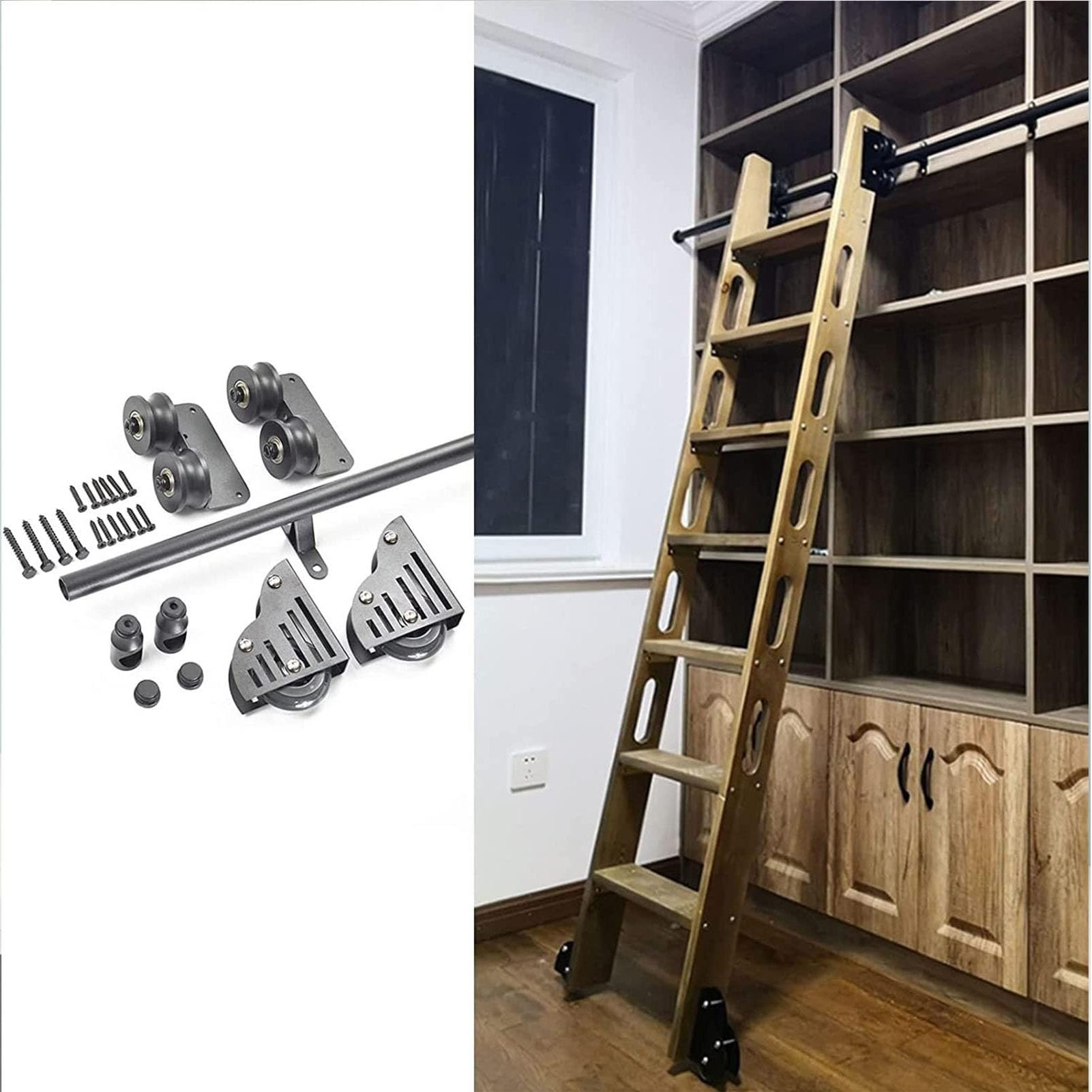OOPDNEGAK Sliding Ladder Rail Hardware Kit - Rolling Library Sliding Ladder Hardware Kit (No Ladders), Mobile Slide Barn Door Kit With Floor Rollers(200cm(6.6 ft) track kit)