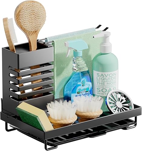 GTK Organizador para fregadero de cocina 3 en 1, soporte de esponja para fregadero de cocina con bandeja de drenaje, soporte para trapos y soporte