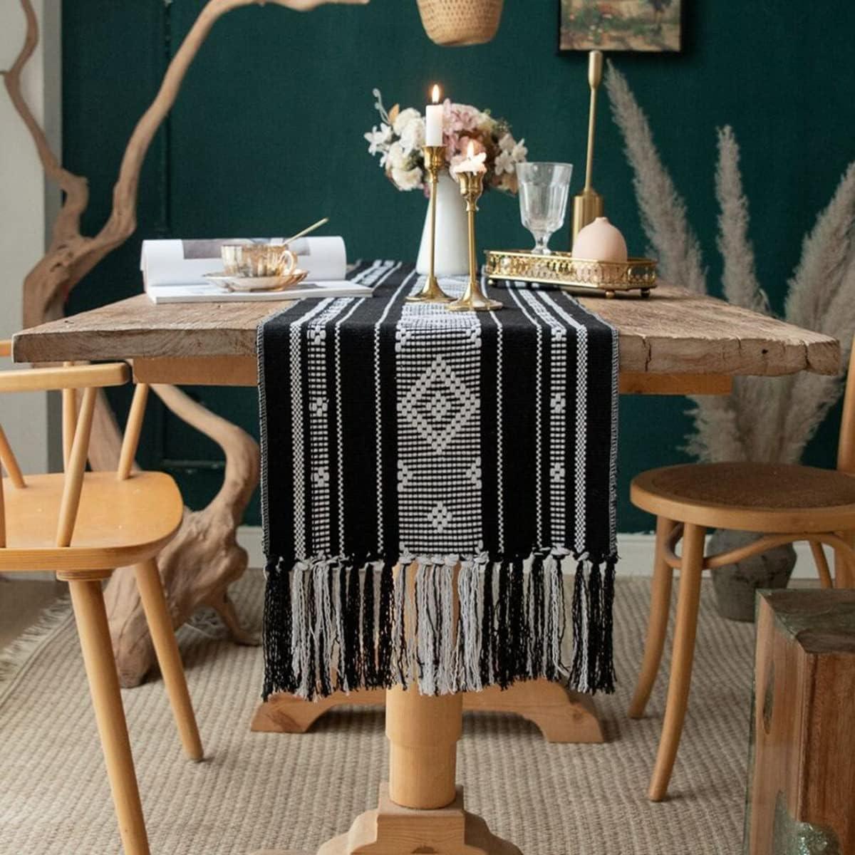 Chemin de table rustique pampilles long coton tissé déco salon moderne